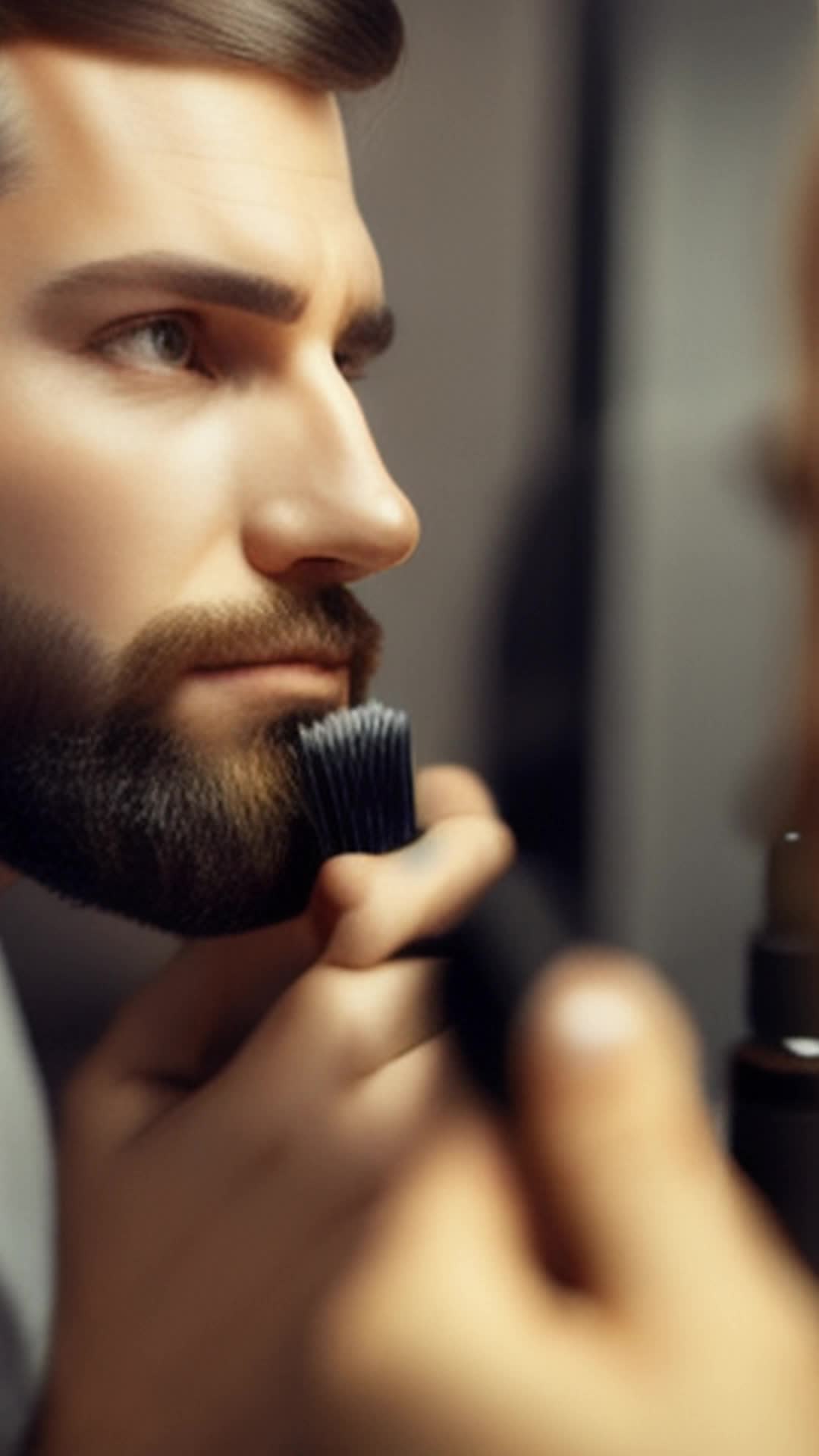 Patchy beard, man looking in mirror, post-trim, applying Beardly beard oil, encourages thicker growth, even distribution, beard grooming, detailed, sharp focus, soft shadows