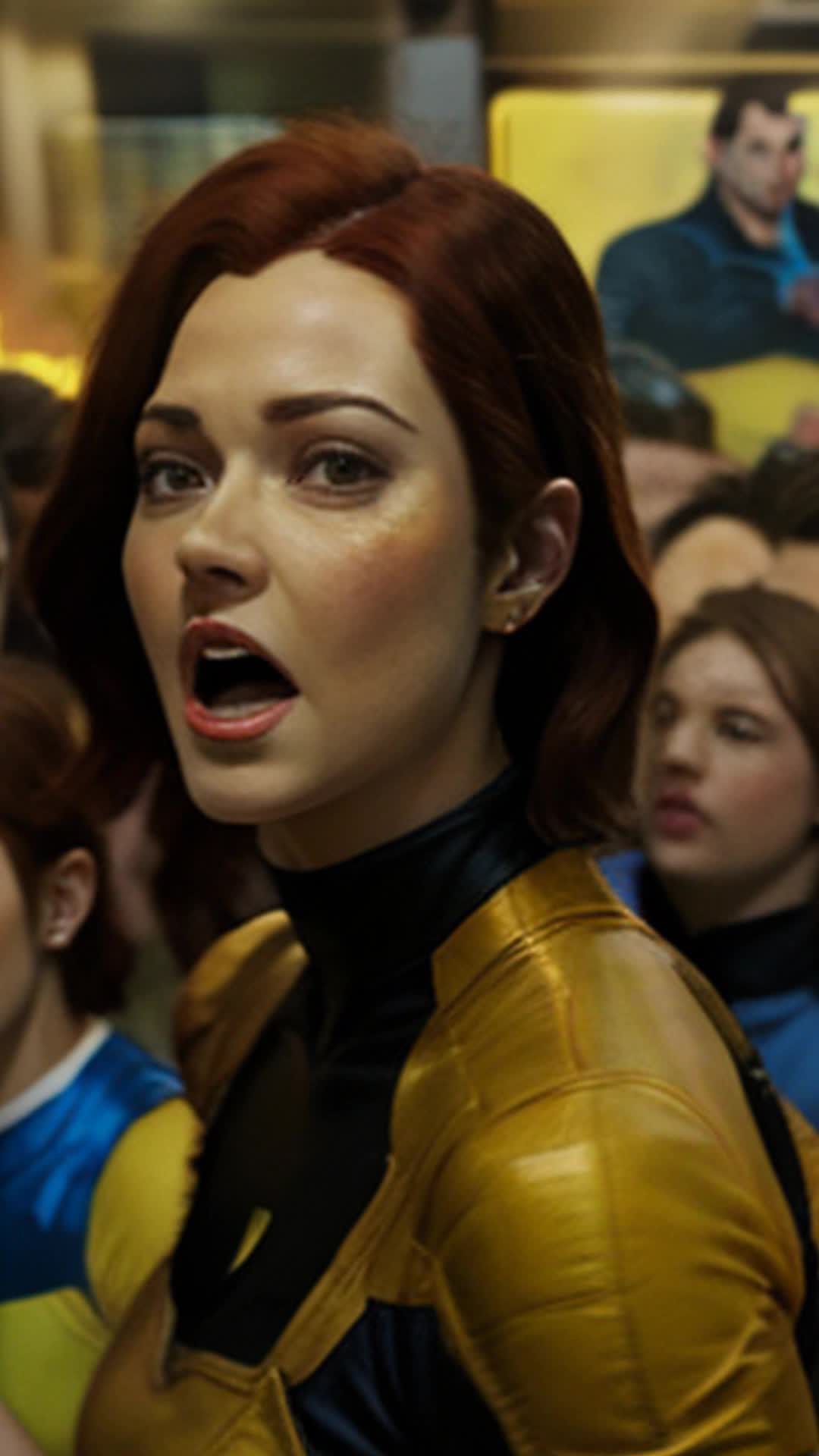Intense discussion on 'Dark Phoenix Saga' by pop singer, comic book store setting, animated hand gestures, emphasized voice rising over crowd, passionate defense of Jean Grey, flashing eyes, excited expression, growing audience of shocked fans, dramatic flourish ending, onlookers capturing moment on phones