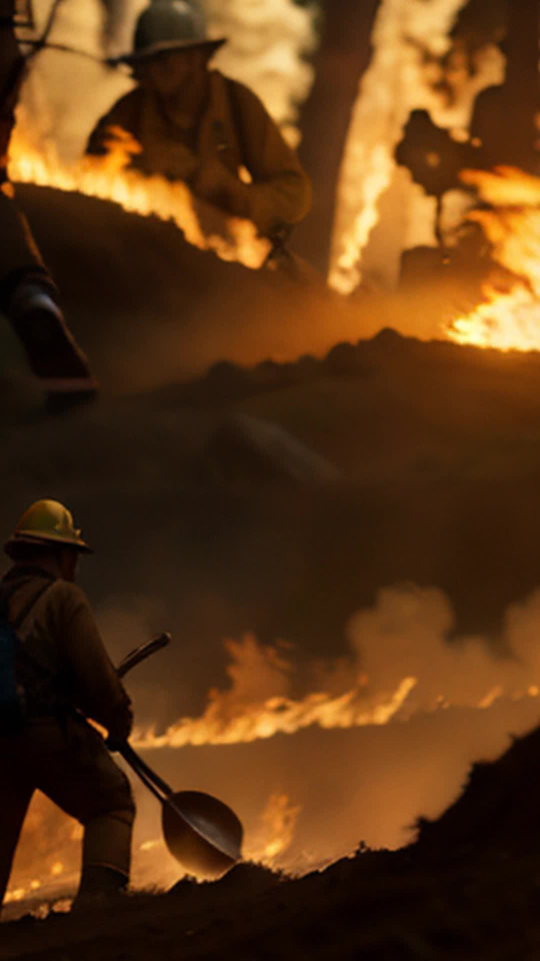 Joint endeavor of forest animals and humans, tirelessly working, digging trenches, carrying water buckets, desperate fight to save forest, high-stakes, fast-paced action, vivid contrasts, wildfire in background, detailed, sharp focus, twilight lighting