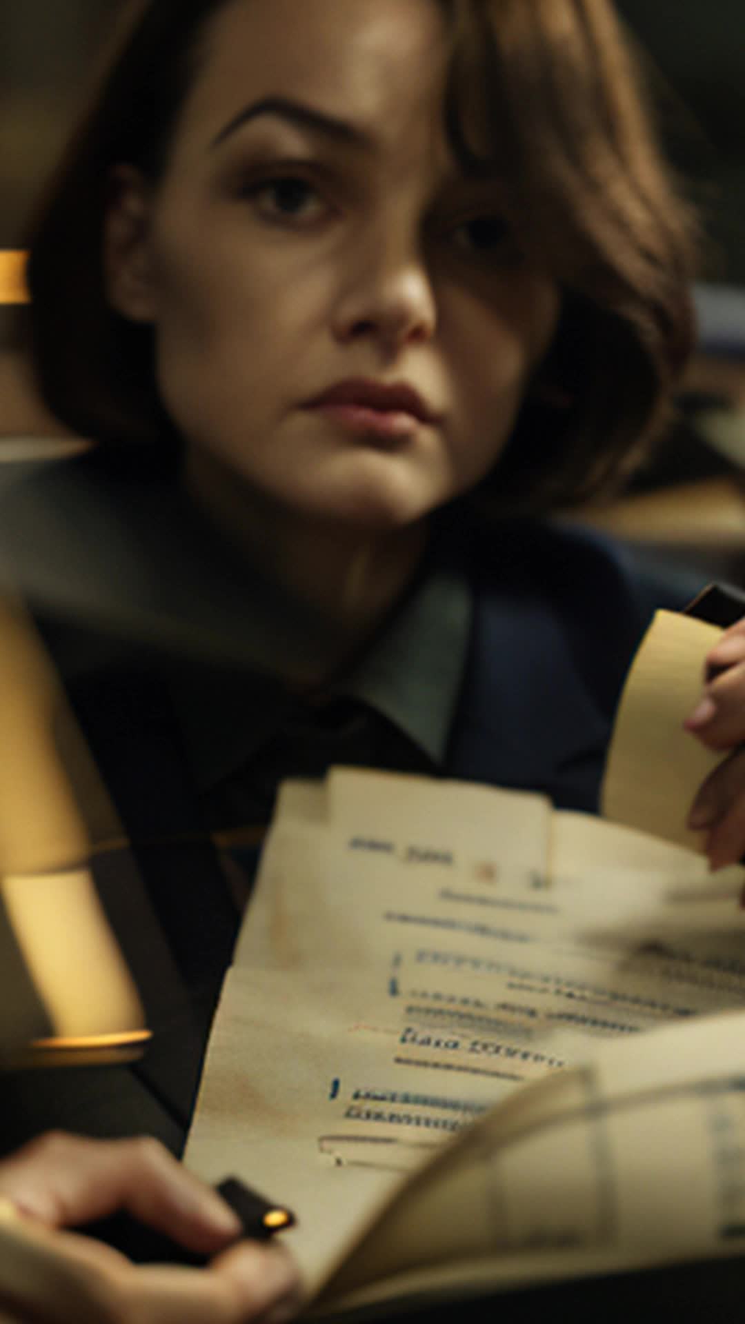 Journalist in archive, scribbling notes, connecting economic stabilization post-World War I, secretive meetings, soft lighting, detailed focus on handwritten notes and aged documents