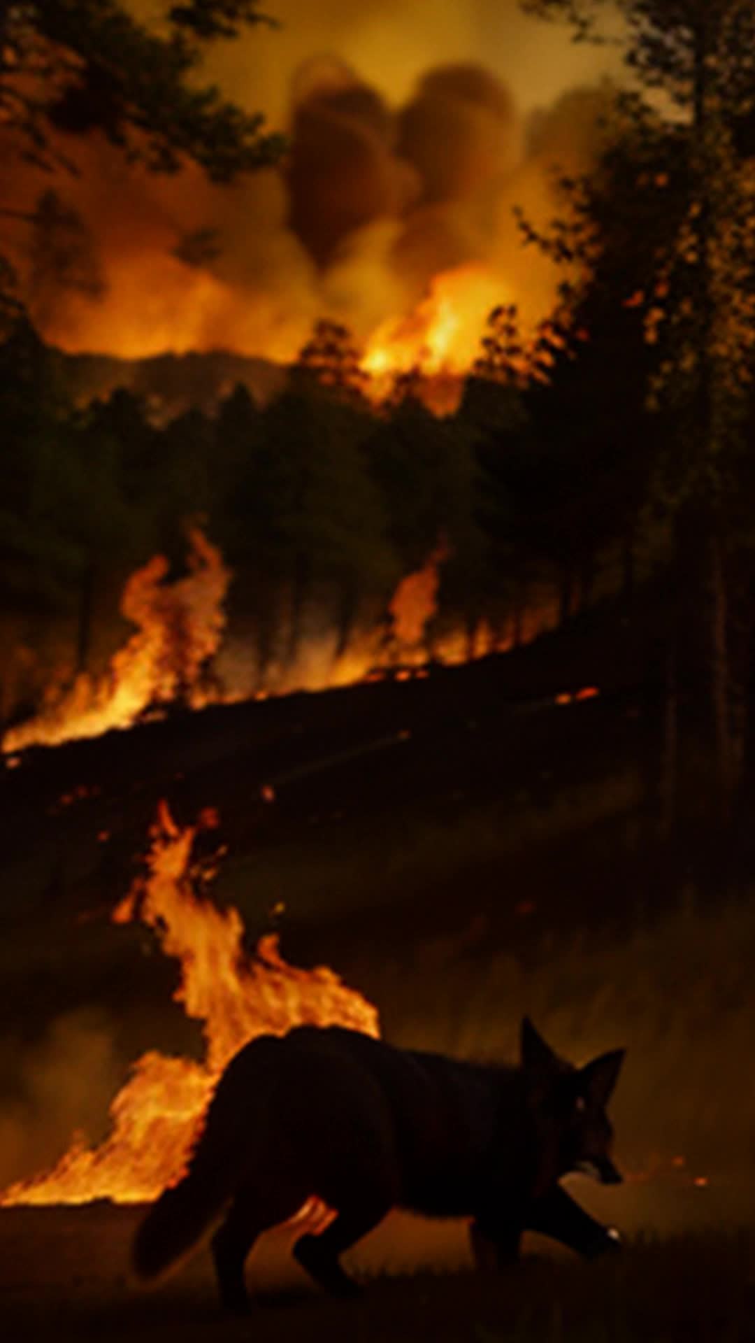 Wildfire approaching dense forest, agile fox leading concerted effort, animals coordinating with humans, dramatic, urgent, teamwork, creating defensive barrier against flames, vivid orange and red hues of wildfire, contrast with green forest, sunset lighting, dynamic action, high resolution