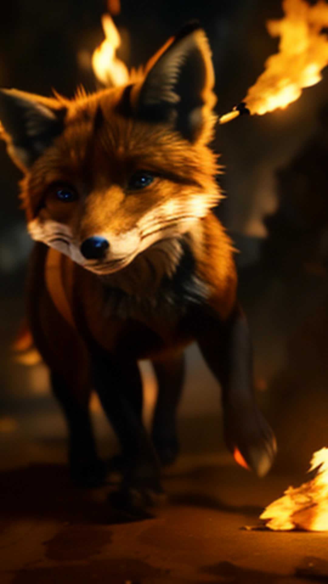 Agile fox darting among humans, delivering messages, critical hot spots highlighted, intense focus, smoky atmosphere, dynamic, real-time strategy, sharp focus, urgent movement, soft shadows cast by fire glow, wide-angle view