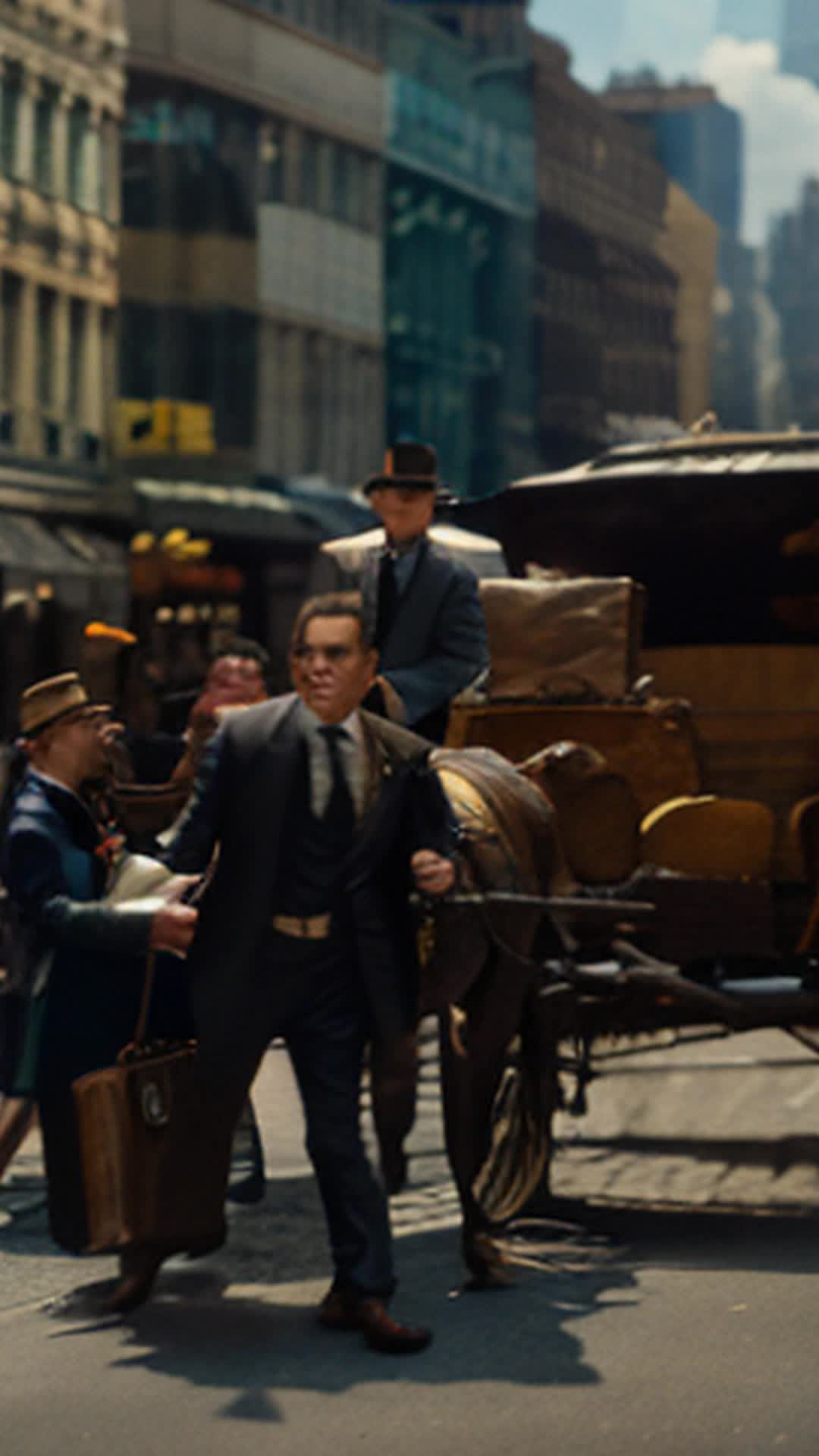 Young economist, crowded New York streets, clutching papers about central bank, dodging horse-drawn carriages, busy, vibrant atmosphere, early 20th century attire, bustling, energetic movement, historical architecture background, soft shadows, detailed and sharp focus