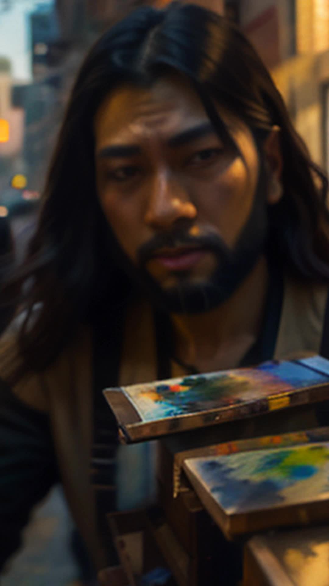 City street ambiance, Asian artist focused, gripping paintbrush tightly, strokes of vivid colors, beard brushing against palette, atmosphere charged with excitement, oil mixing with paint hues, detailed, dynamic lighting, sharp image resolution