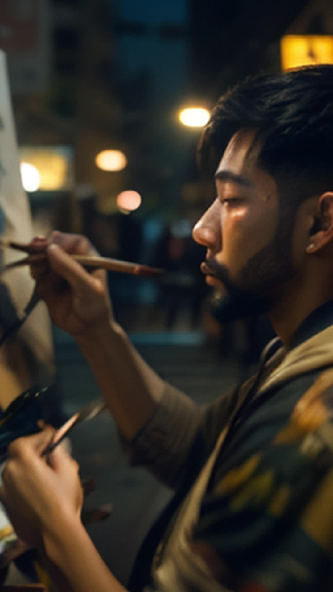 Energetic urban setting, young Asian male artist, executing bold paint stroke, vibrant oil colors, beard mingling with paint, canvas capturing emotional burst, night time, soft shadows, high resolution