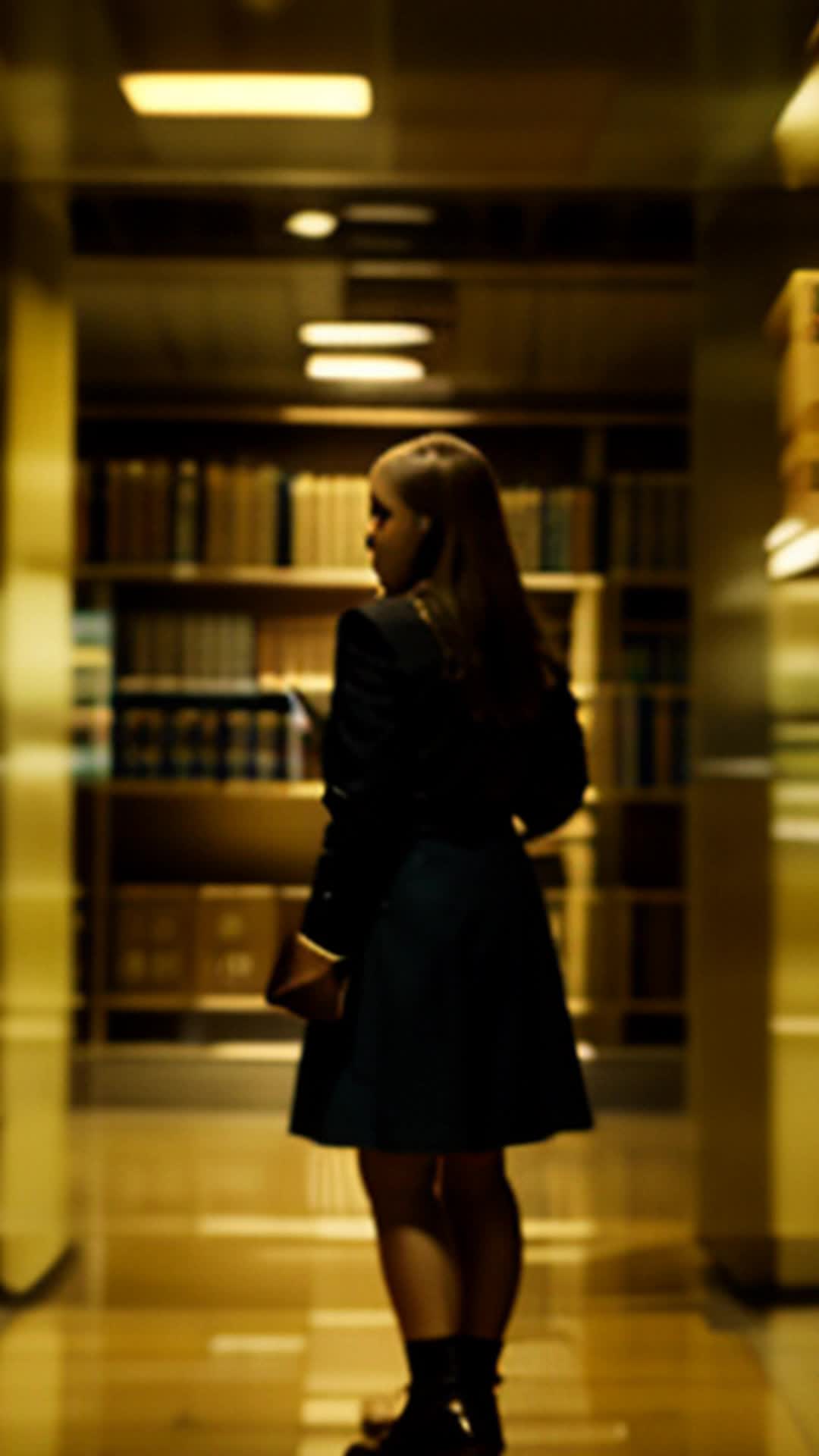 Echoing footsteps in Federal Reserve basement, young female historian clutching secret files, ducking behind towering shelf, looming shadows, tense atmosphere, detailed and sharp focus