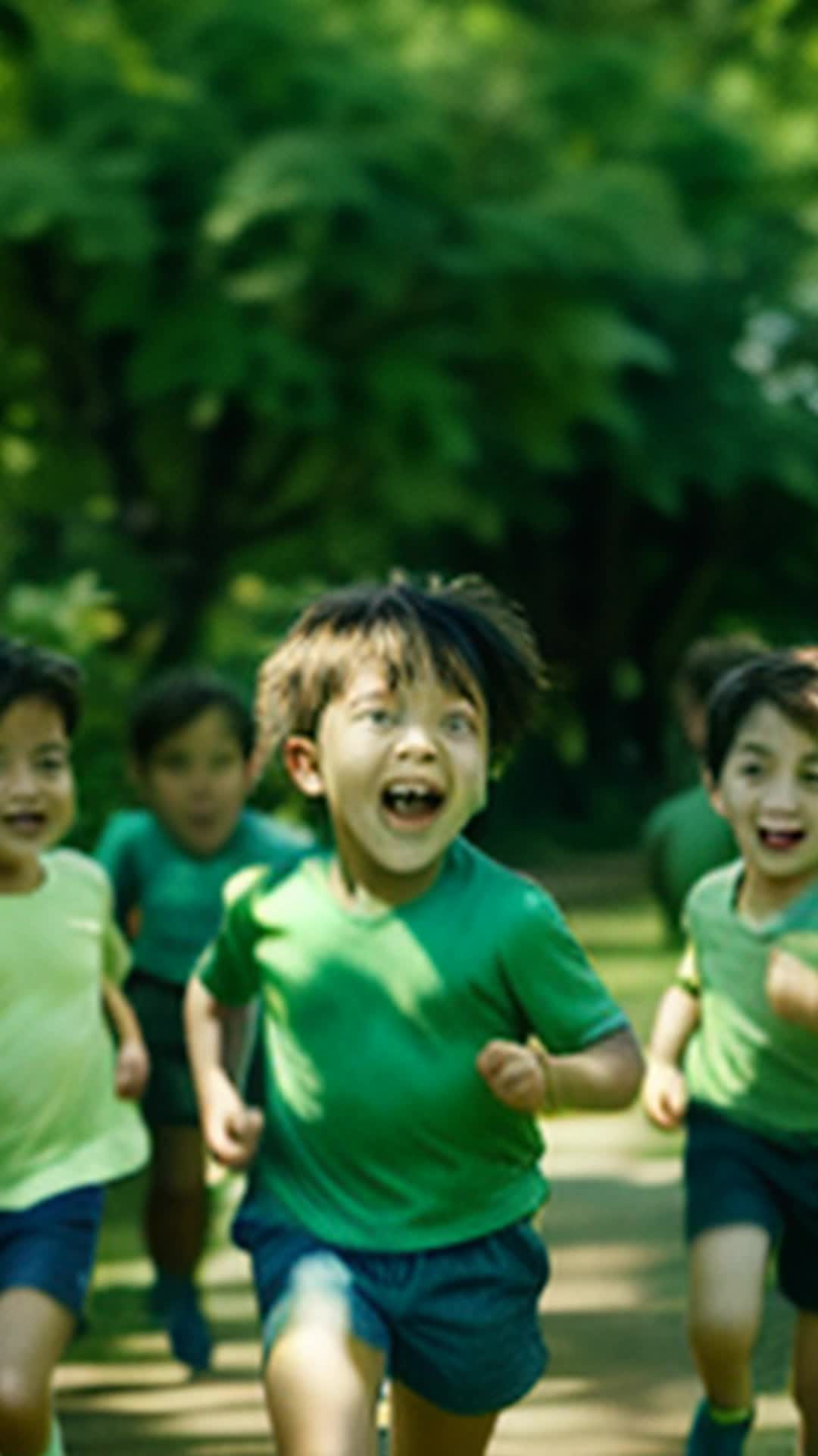 Group of young children dash through verdant park, vibrant leaves fluttering in soft breeze, eyes scanning, high-energy, playful atmosphere