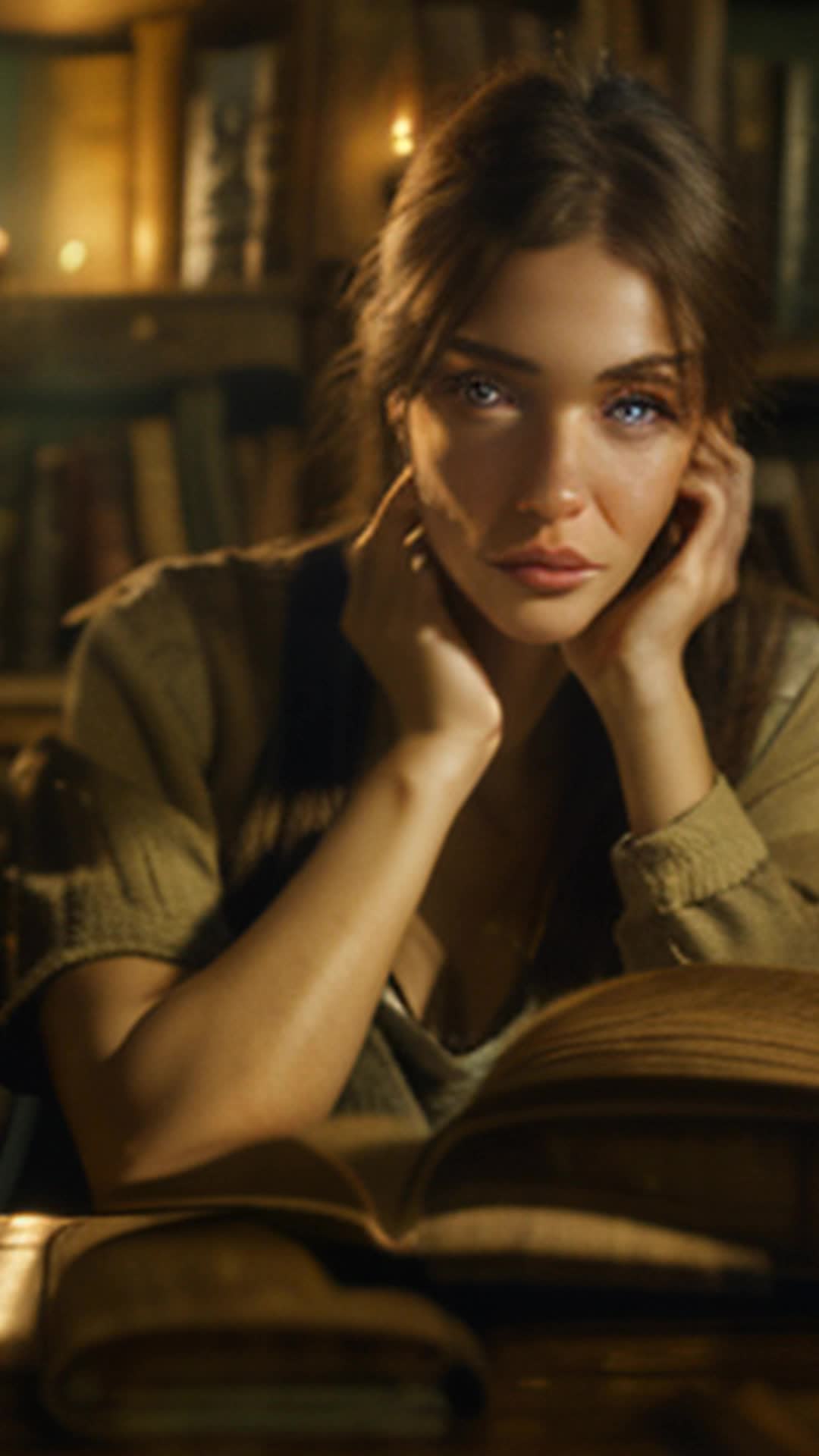 Young woman sitting in rustic, home library, weathered myth book, eyes sparkling with excitement, soft ambient lighting, vintage wooden desk,