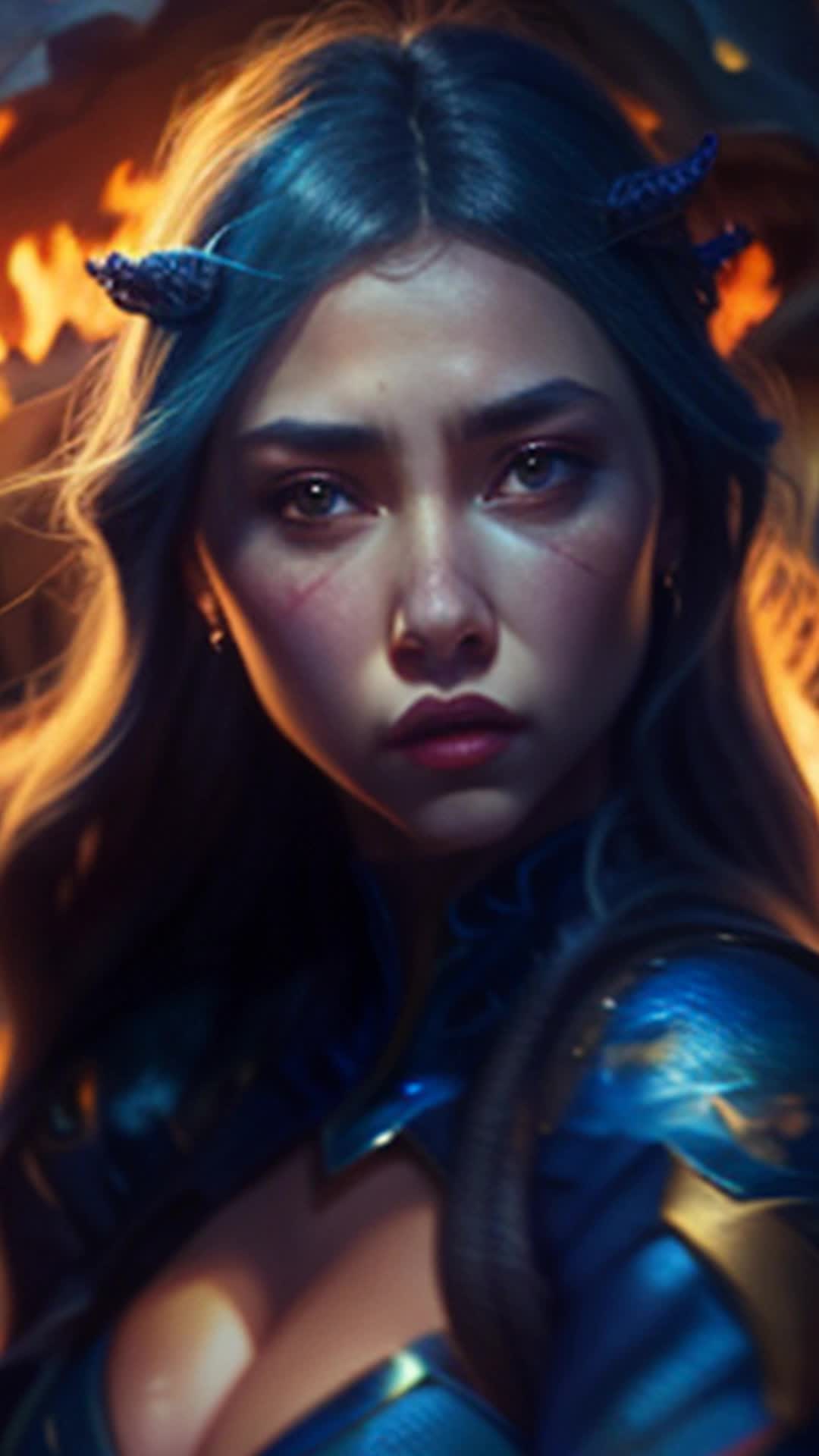 Focused young woman, furious scribbling, vibrant dragons and heroes illustrations, detailed, vividly colored, magical ambiance,