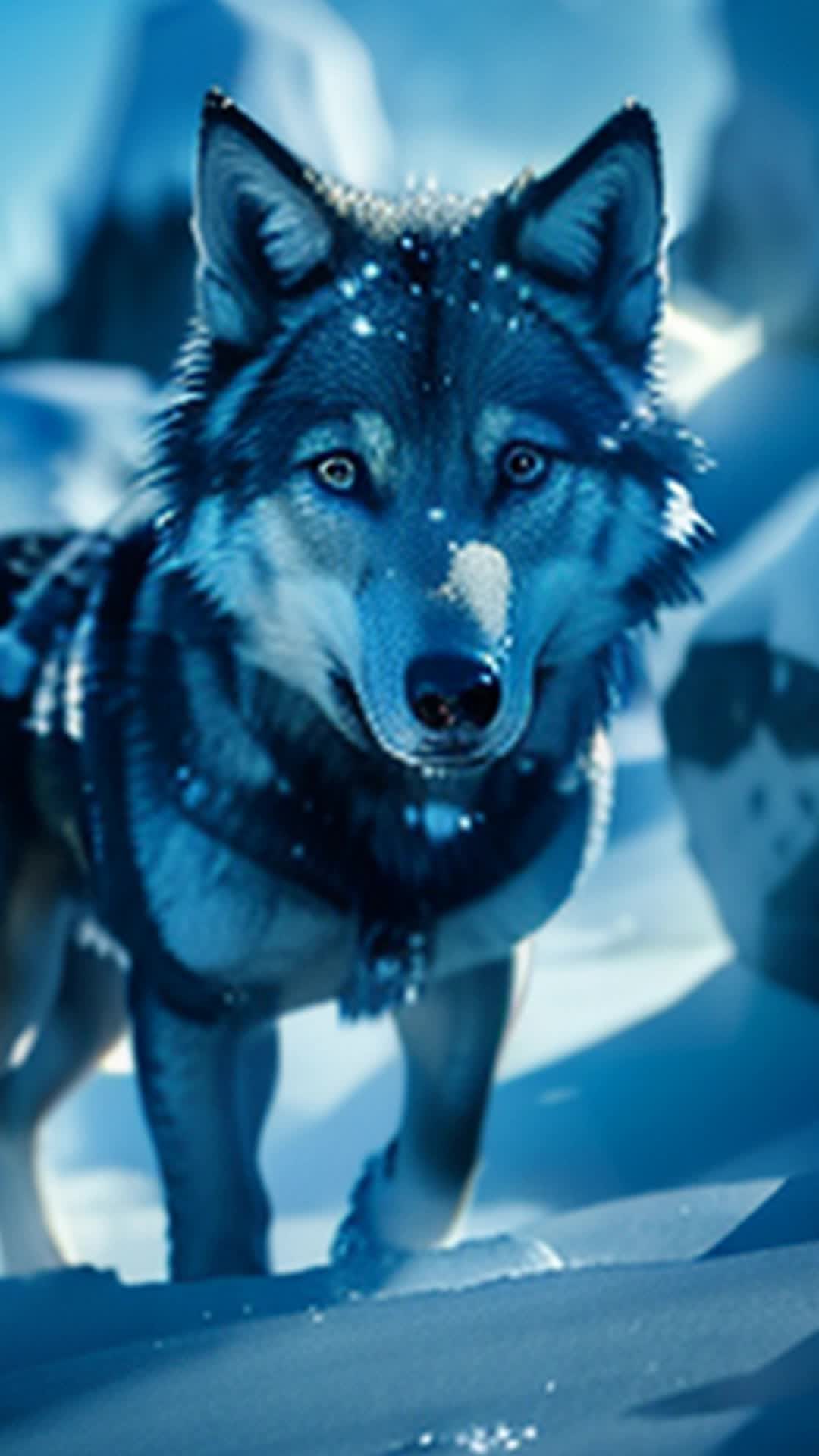 Spectral wolves, each with fur glowing otherworldly light, shimmering against stark, white snow, celestial reflections in eyes of lead wolf, approaching ice-covered boulders, detailed texture on ice, soft shadows, full body shot
