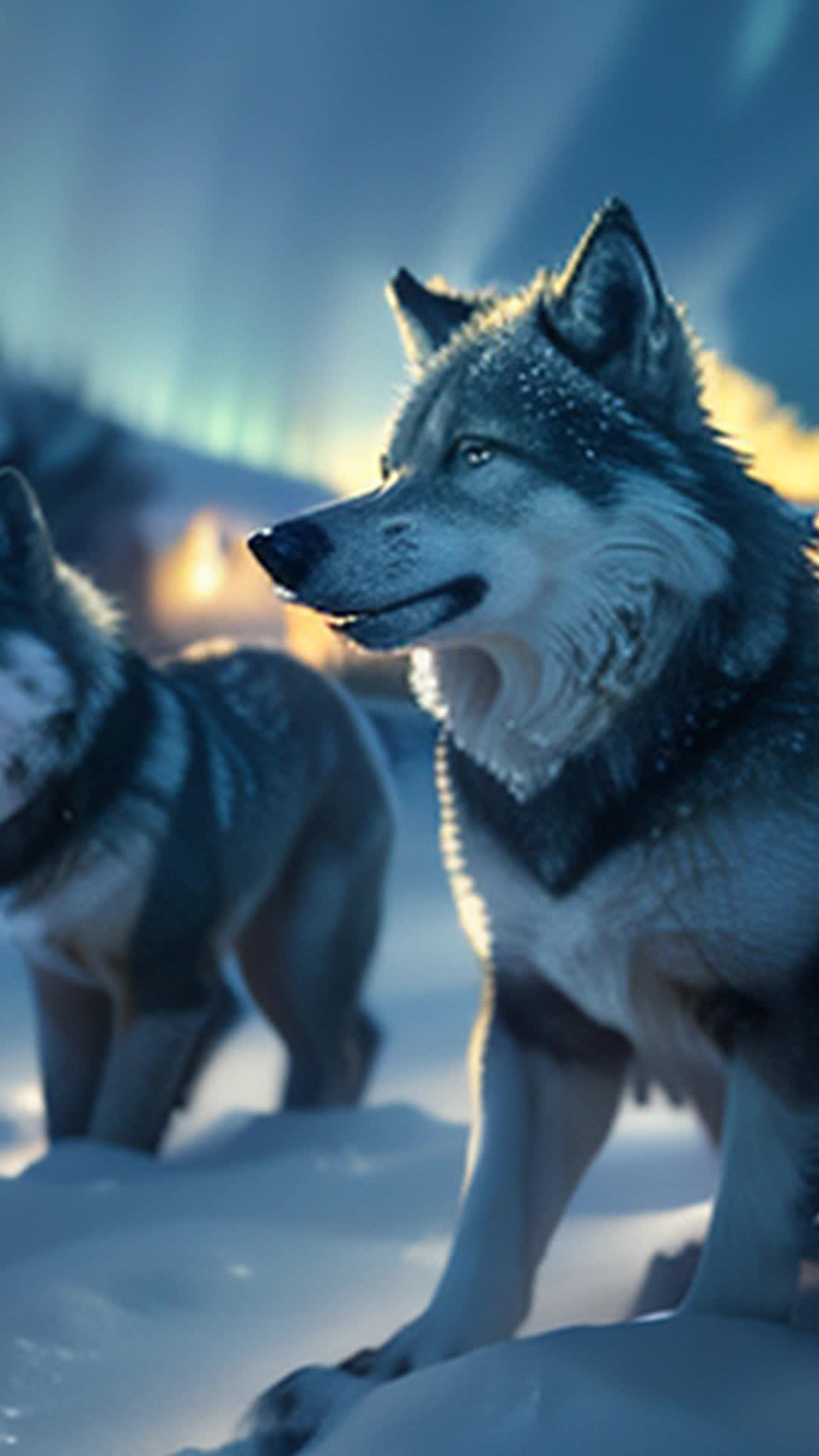 Ethereal glow of aurora borealis, spectral wolves leading tribe through Siberian wilderness, soundless paws on thick snow, wolves illuminate path, shimmering veils of fur, stark frozen landscape, high resolution, crisp and sharp focus, soft shadows, wide-angle shot
