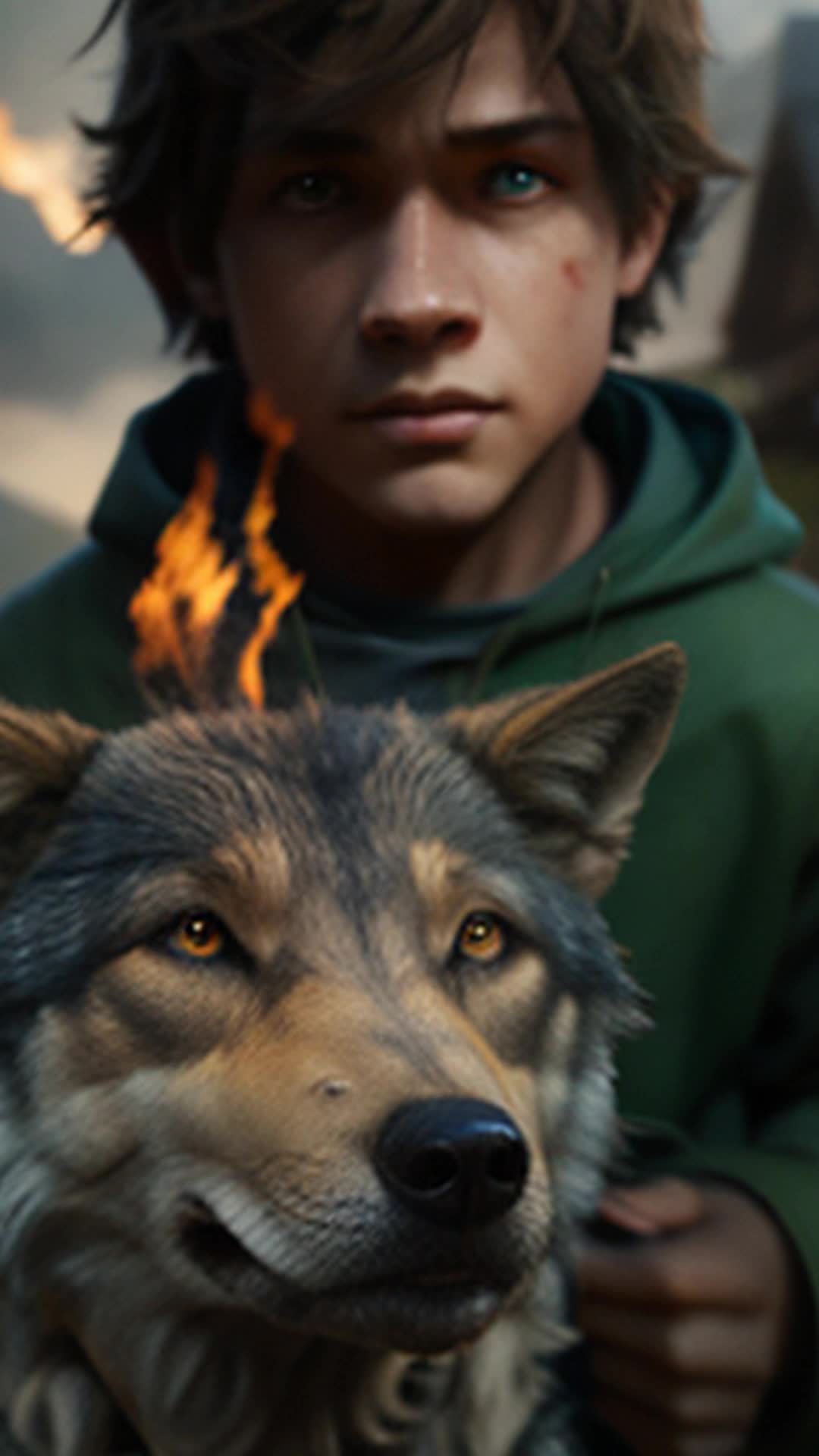 Shepherd boy reaches out to wolf, fiery emerald eyes of wolf, flicker, acknowledge, brave gesture, gentle nod, detailed texture, serene background