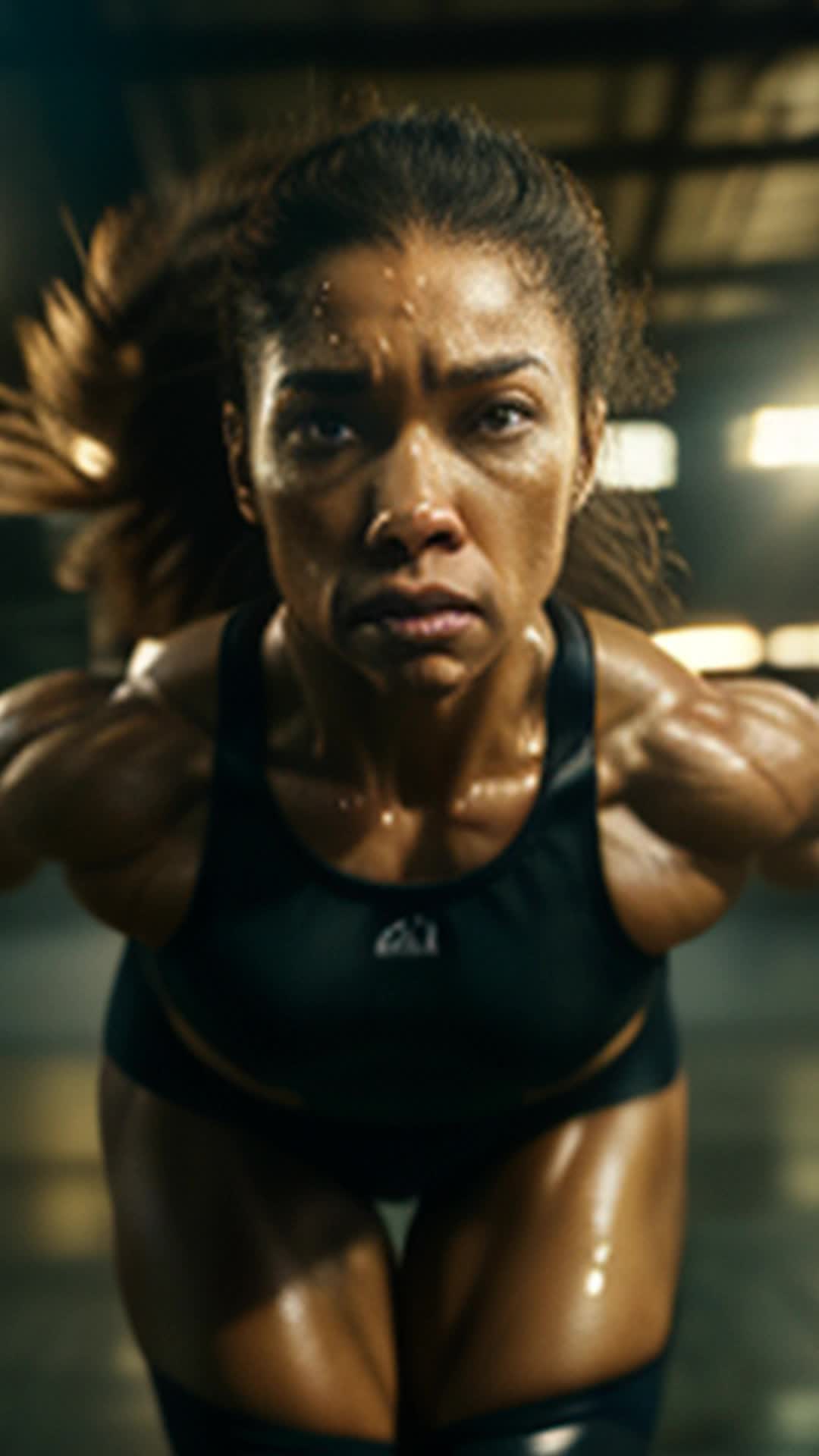 Female athlete in action, pushing limits, deep breaths, sweat glistening, determination, gritty gym backdrop, old equipment, dynamic motion, muscles tensing, energy fueled by memories of past glories