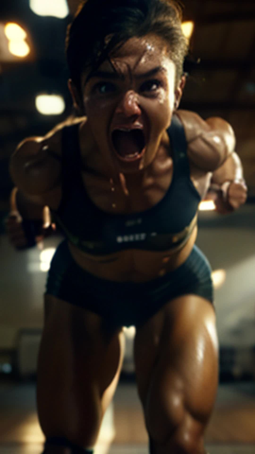Triumphant athlete, surpassing personal best, gym setting, face glowing with sweat and victory, rebirth of competitive spirit visible, old gym equipment, warm lighting, expression of intense focus and joy