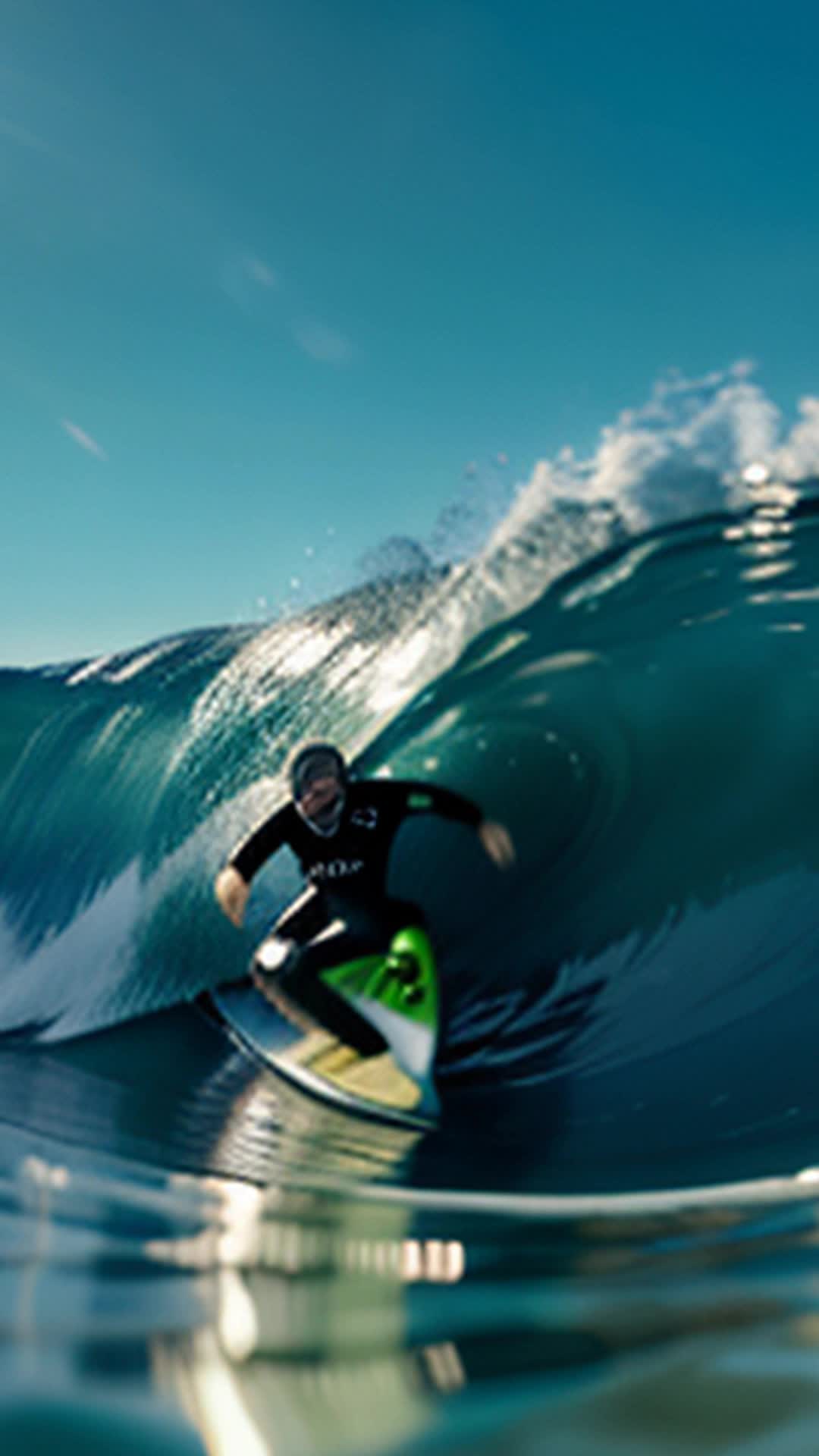 Man body surfing on boogie board, wearing fins, wetsuit, riding big wave, wave starting to barrel, water splashing, clear blue ocean, sunlight reflecting off water, highenergy action, wideangle shot, sharp focus, dynamic movement, ocean spray in the air, wave cresting, vibrant colors, cinematic feel, rendered by octane