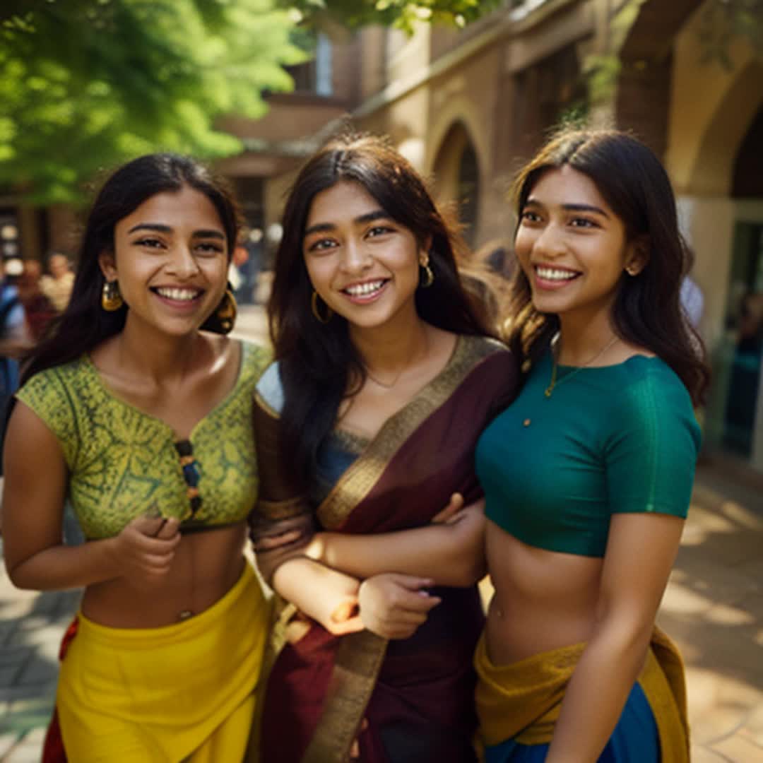 Group of friends, dressed in vibrant school saris, smiling and laughing, standing together, beautiful intricate traditional designs, colorful and festive atmosphere, students walking and chatting in background, school courtyard, bright sunny day, soft shadows, captured at eye level, candid moments, dynamic and lively, highresolution, detailed and sharp focus, joyful expressions, sense of camaraderie, warm and inviting lighting