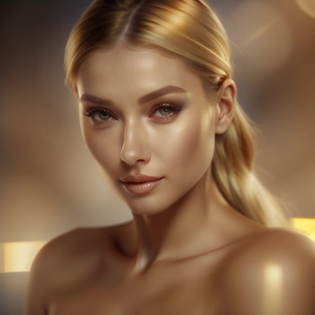 Elegant beauty product commercial, luxurious cream, golden packaging, flawless blonde model, smooth creamy texture, closeup application on skin, radiant skin glow, soft focus, subtle glimmer, gentle soft shadows, warm lighting, sophisticated branding, high definition, cinematic quality, captivating slowmotion shots, confident smiles, rendered by octane, professional beauty studio setup