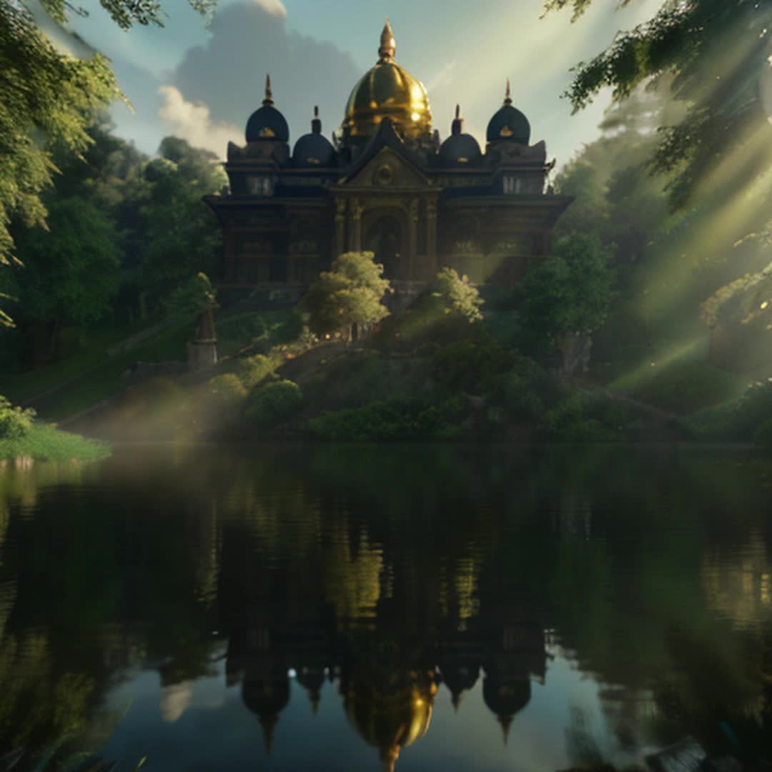 Majestic palace, nestled in center of serene lake, surrounded by dense lush forest, intricate architectural details, reflection shimmering on water, vibrant greenery, mist rising from lake, sunlight filtering through trees, golden hour lighting, soft shadows, aerial wideangle shot, slow cinematic pan, highly detailed, rendered by octane