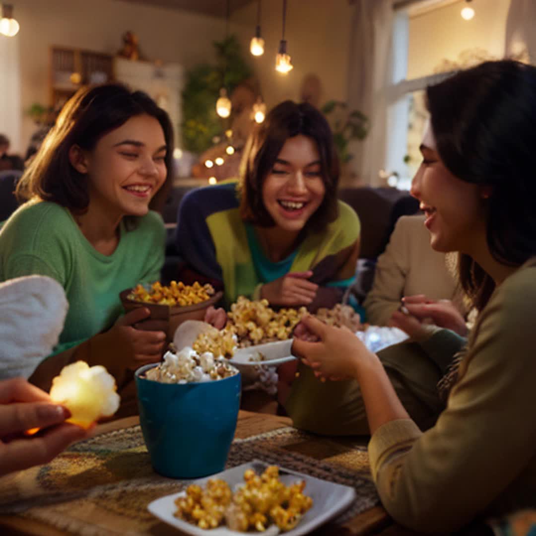 Group of friends in colorful pajamas, cozy living room setting, fairy lights hanging, soft pillows and blankets, popcorn bowls, friends laughing and chatting, fun board games on table, warm and inviting atmosphere, soft shadows, detailed and sharp focus, high energy scene, handheld camera effect for dynamic movement, vibrant colors, soft lighting illuminating faces, casual and relaxed mood