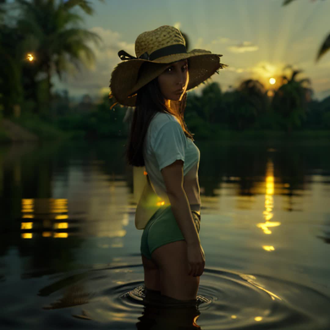  girl standing in still water, wearing a widebrimmed straw hat, serene and calm expression, gentle ripples around feet, reflecting golden sunset, soft wind gently rustling hat ribbons, surrounded by lush greenery, soft and dreamy lighting, sun casting a warm glow, highly detailed and sharp focus, cinematic ambiance, slow zoomin, rendered by octane