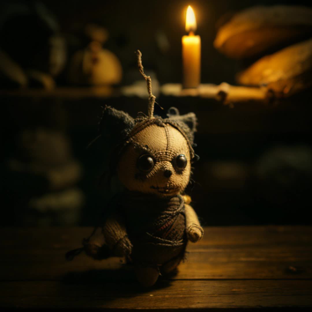 Intricately designed voodoo dolls, worn fabric and twine, eerie and mystical ambiance, colorful pins sticking out, dark and shadowy atmosphere, dimly lit room with flickering candles, ancient wooden table, highly detailed textures, closeup focus, subtly ominous, gentle sway as if softly moved by unseen forces, 4K resolution, cinematic look, enhanced shadows and highlights, rendered by octane