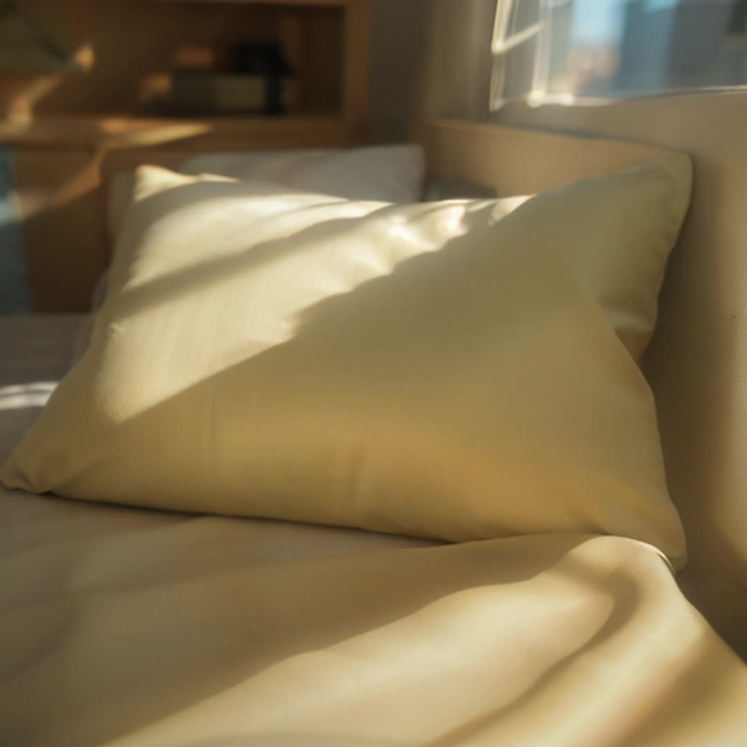 Pillow, cushion, bedsheet, cover, decor, arranged neatly, modern bedroom, cozy atmosphere, comfortable, soft textures, pastel colors, natural lighting, detailed and sharp focus, gentle folds in fabric, slight breeze moving, shadows creating depth, calm and inviting space, steady camera, relaxing ambiance
