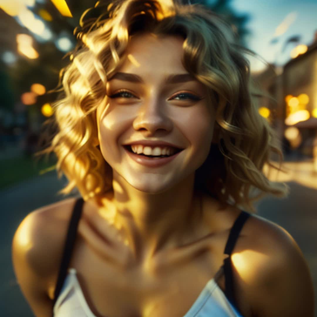 Cheerful blonde chubby curly girl, playful smile, vibrant energy, lively atmosphere, animated movements, sunlit park background, soft shadows, slowmotion twirls, warm goldenhour illumination, closeup and midshot transitions, rendered by octane, vivid and dynamic colors