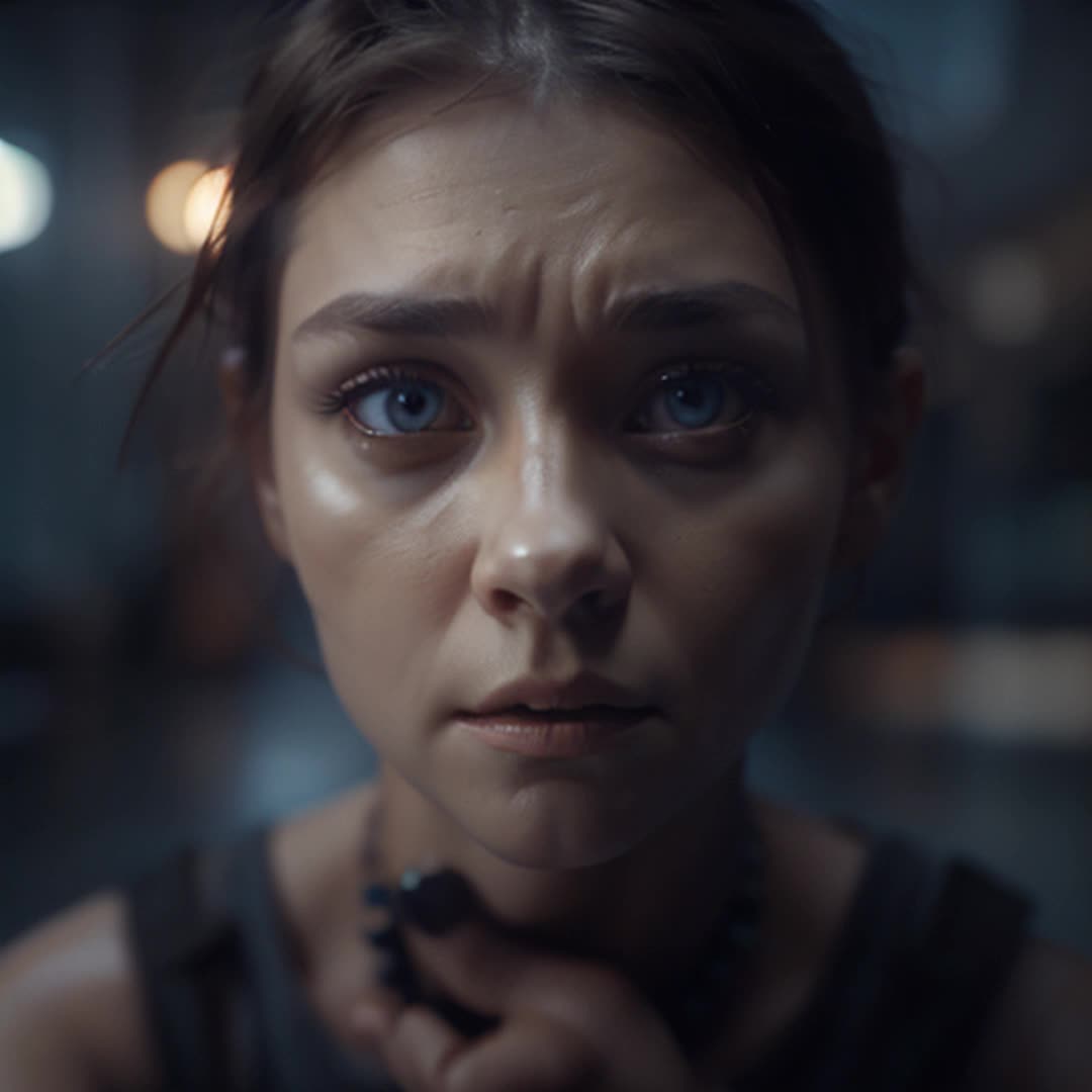 Tensionfilled atmosphere, anxious protagonist, dimly lit room, faint light casting soft shadows, beads of sweat on forehead, trembling hands, wideeyed expression, suspenseful music, closeup on face, detailed and sharp focus, muted colors, gradual zoomin, cinematic tension, focus on nervous movements, heartbeat sound effect in background