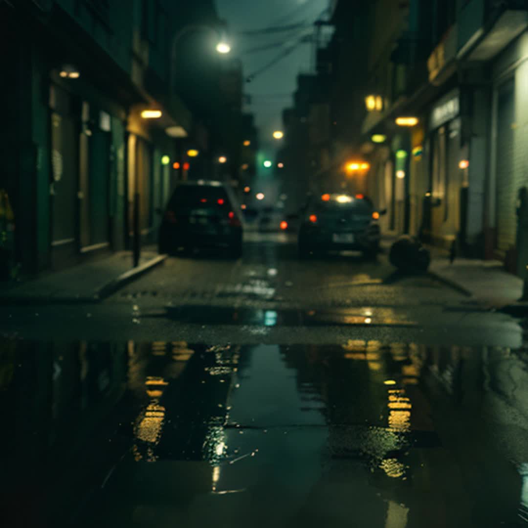 Urban alleyway parking, dimly lit, reflections from wet pavement, graffiticovered walls, narrow path, few parked cars, night time, soft shadows, puddles reflecting streetlights, slight mist in the air, grungy and gritty atmosphere, detailed and sharp focus, moody, cinematic feel, wideangle shot, immersive realism
