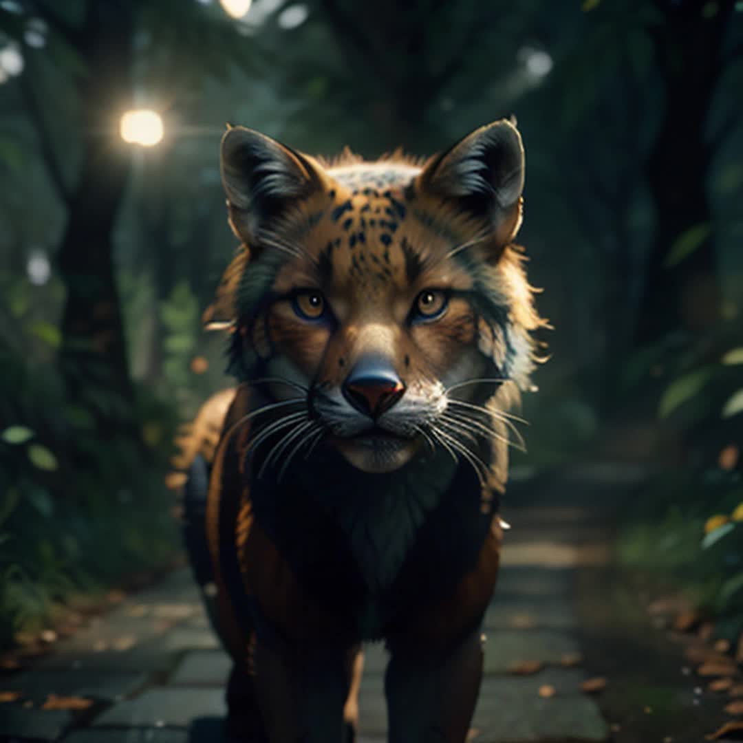 homeless fox, mystical surroundings, ethereal magical panther, subtle glow, dim moonlight illuminating scene, intricate fur details, gentle breeze ruffling fur, tranquil forest, tall trees with moonbeams filtering through, cinematic atmosphere, soft shadows, dynamic movement, rendered in 4K, slow tracking shot, highly detailed, dark but vibrant colors, enchanted forest ambiance