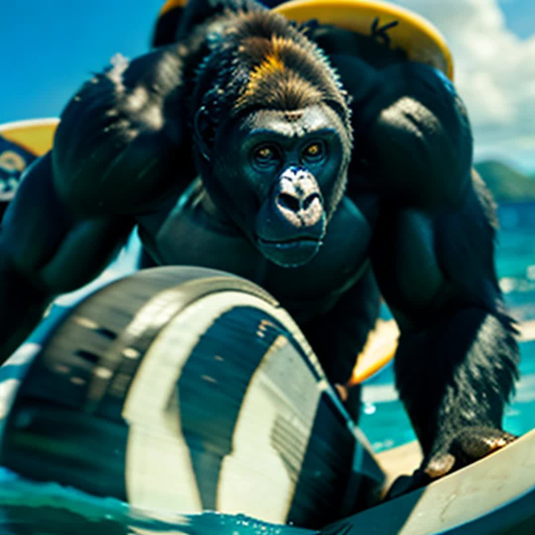 Gorilla on surfboard, riding ocean waves, powerful stance, splashing water, dynamic motion, clear sunny day, vivid blue sky, detailed and sharp focus, soft shadows, wideangle view, cinematic rendering