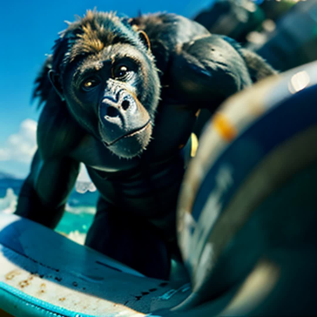 Gorilla on surfboard, riding ocean waves, powerful stance, splashing water, dynamic motion, clear sunny day, vivid blue sky, detailed and sharp focus, soft shadows, wideangle view, cinematic rendering