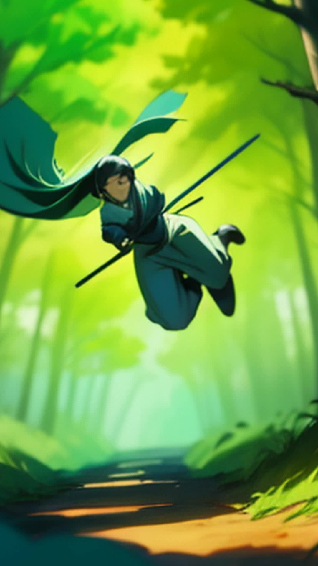 Ninja leaping through dense forest, evading arrows, mirroring pursuer's movements, uncanny precision, cinematic wide-angle, sharp focus, soft shadows, thrilling action sequence