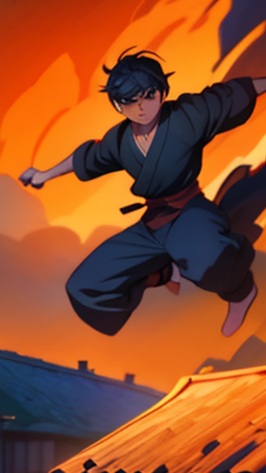 Outcast ninja in fiery whirlwind, leaping between rooftops, demon power pulsing, vibrant village backdrop, dusk setting, dramatic clouds swirling, action-packed, wide-angle shot, highly detailed and sharp focus, soft shadows