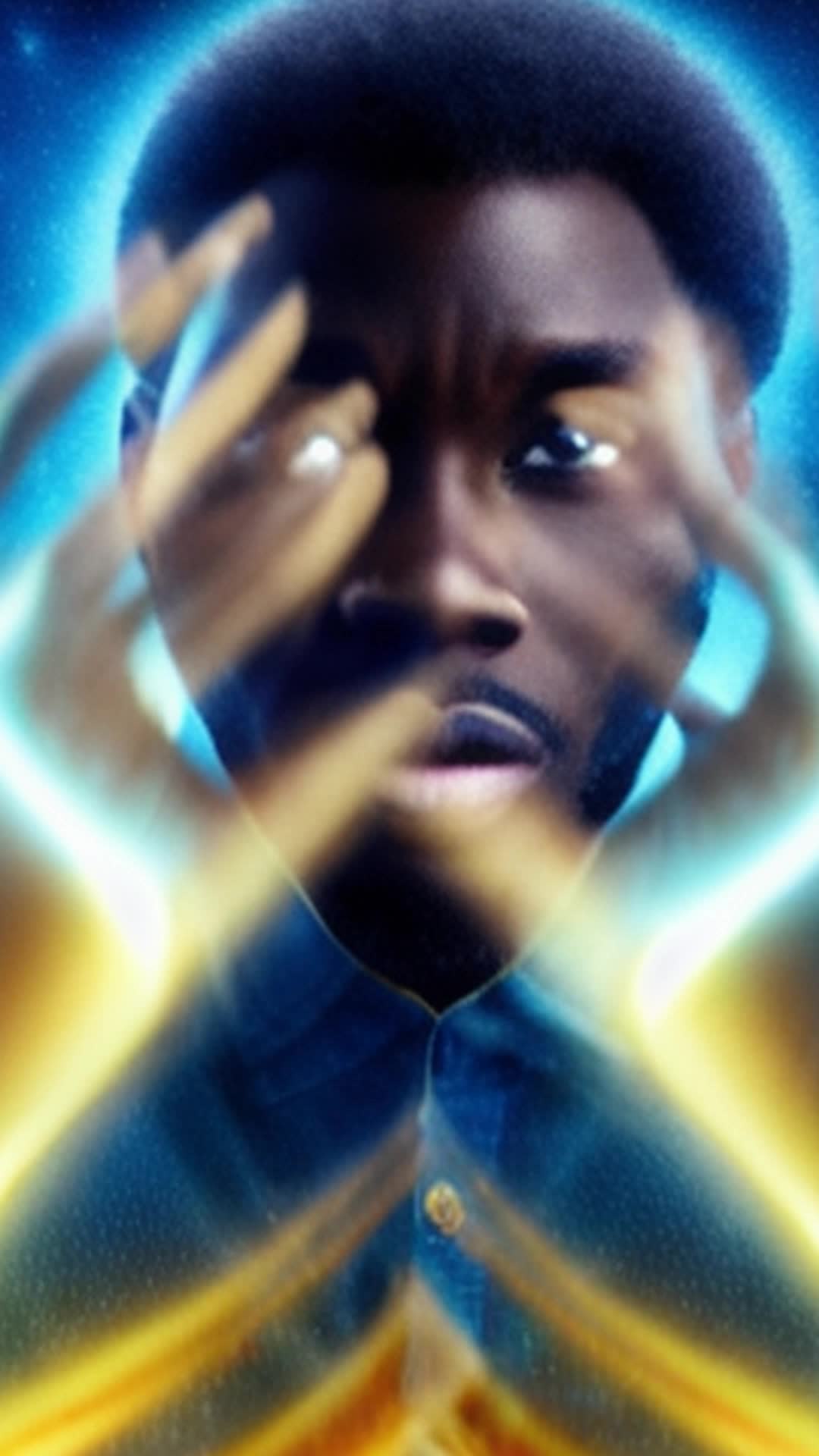 African American man, dressed in blue, casting Shine Aqua Illusion spell, glowing magical aura, swirling water and light effects, intense focus, intricate spellcasting gestures, vibrant energy, night sky backdrop, shimmering stars, detailed and sharp focus, dynamic and dramatic, soft shadows, cinematic feel, extreme closeup, highresolution rendering by octane