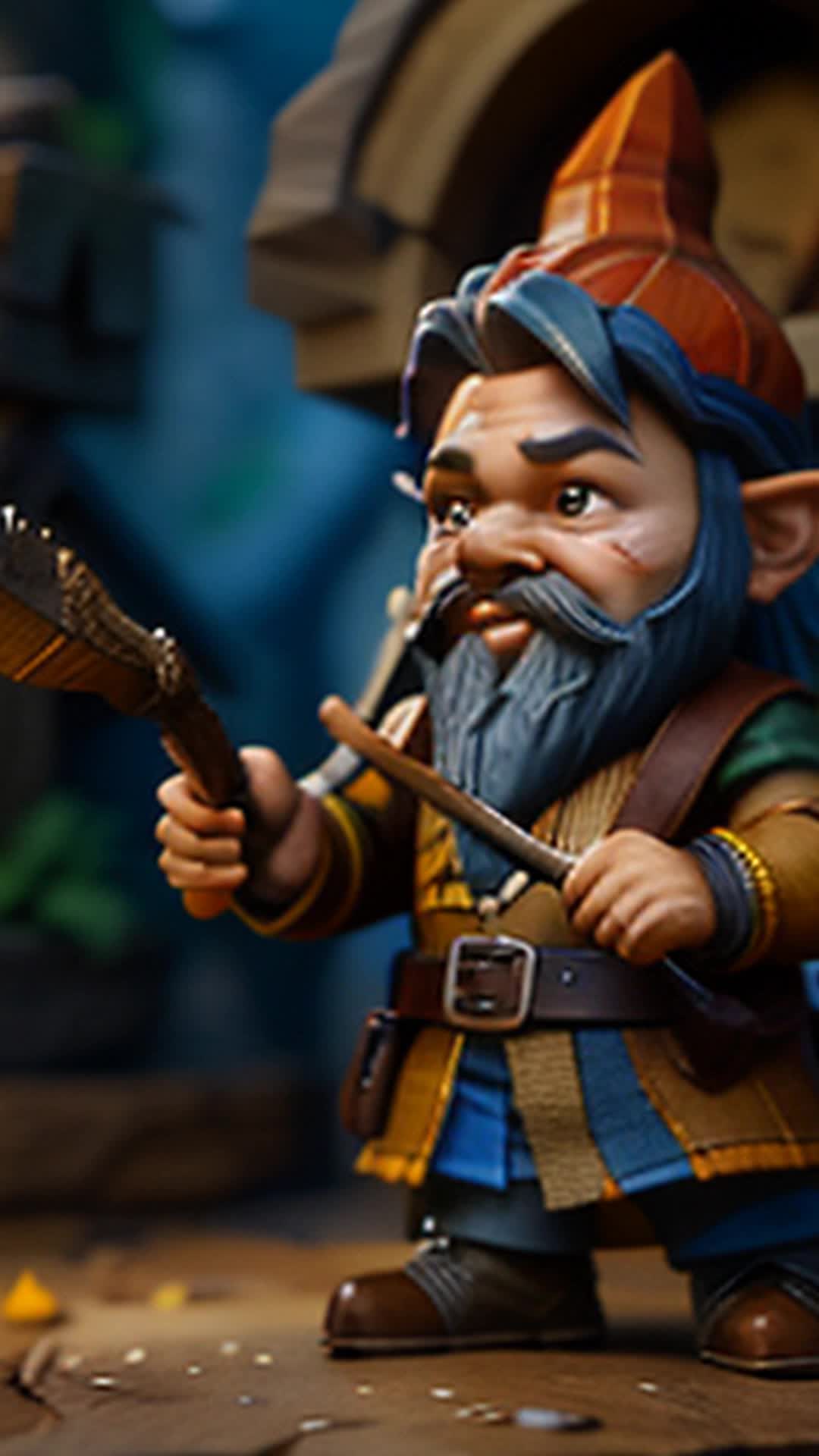 Crafty gnome wielding tiny spear, quick movement, evasive action from sharp hawk talons, detailed texture on gnome’s clothing, engaging and tense atmosphere, vivid colors, high-resolution