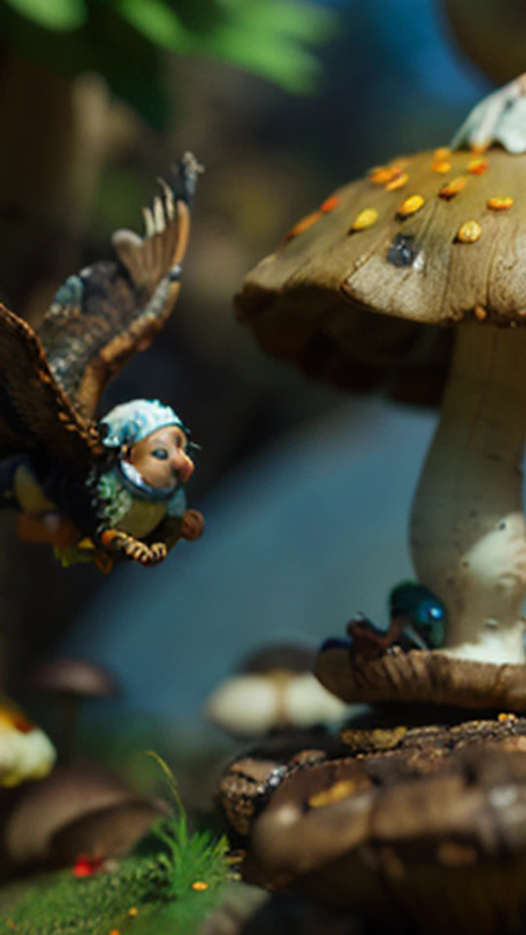 Agile gnome hopping onto colorful mushroom, leaping towards sturdy branch, hawk making second dive, suspenseful, action-packed, mushroom detailed with rich reds and whites, soft shadows, excellent focus