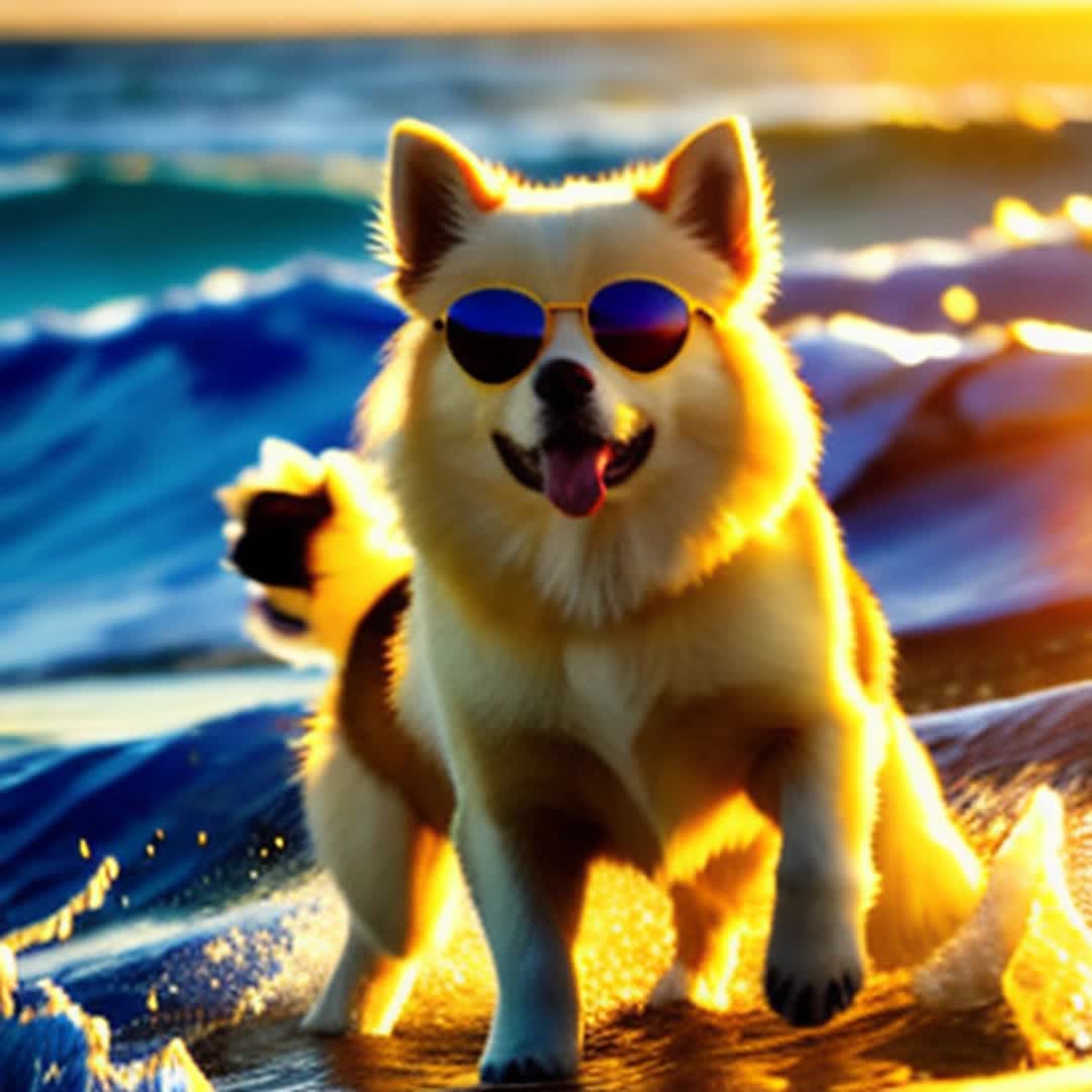 white Pomeranian with sunglasses surfing on the ocean, at golden hour, hyperdetailed, national geographic photo, 4k, HDR