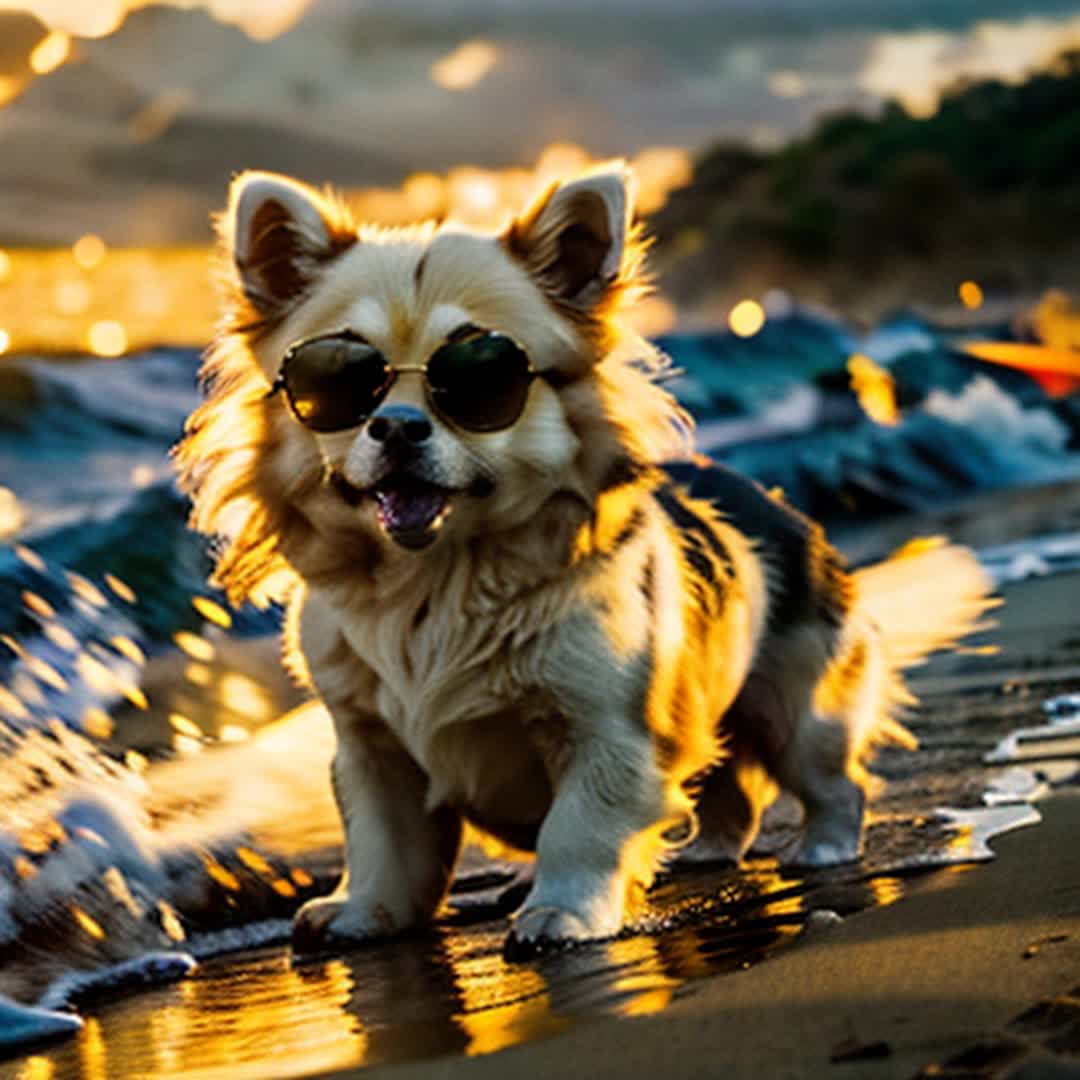 white Pomeranian with sunglasses surfing on the ocean, at golden hour, hyperdetailed, national geographic photo, 4k, HDR