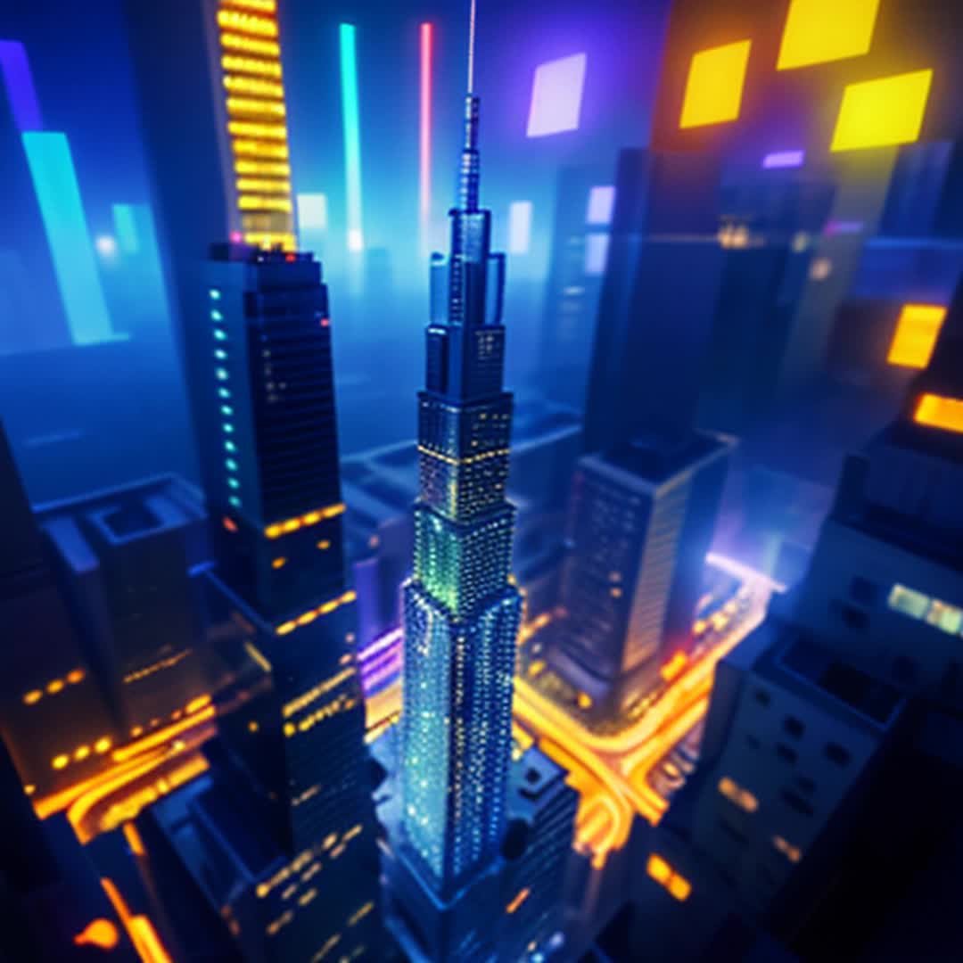 Downtown Neon city with crystalline apartments and building using a stack style going up 100 floors or 1200 feet high show an irresistible girl walking through this city and looking up Highest resolution be clear and beautiful  