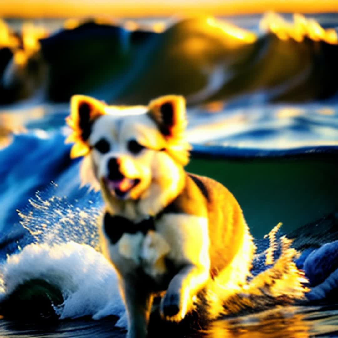 White Pomeranian with sunglasses surfing ocean, golden hour, hyperdetailed, 4k, HDR, shimmering reflections on water, dramatic waves, vibrant colors, intense sky hues, warm glow, splashing water droplets, cinematic rendering, national geographic style, fluid motion, breathtaking, actionpacked, dynamic moment showcasing skill and agility, soft shadows enhancing depth, wideangle for immersive experience
