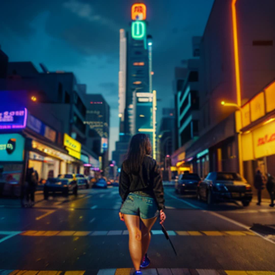 Express Neon city downtown using tower block homes with an irresistible girl walking through the neon city looking up at the building  show wide out complete view use highest quality possible 