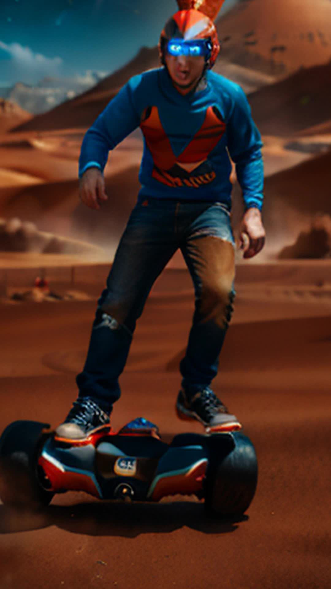 Jake performing 360-spin on hoverboard, red Martian soil, fragments whistling past, adrenaline-pumped, profit motivated, thrilling, cosmic storm, detailed, vivid colors, sharp focus