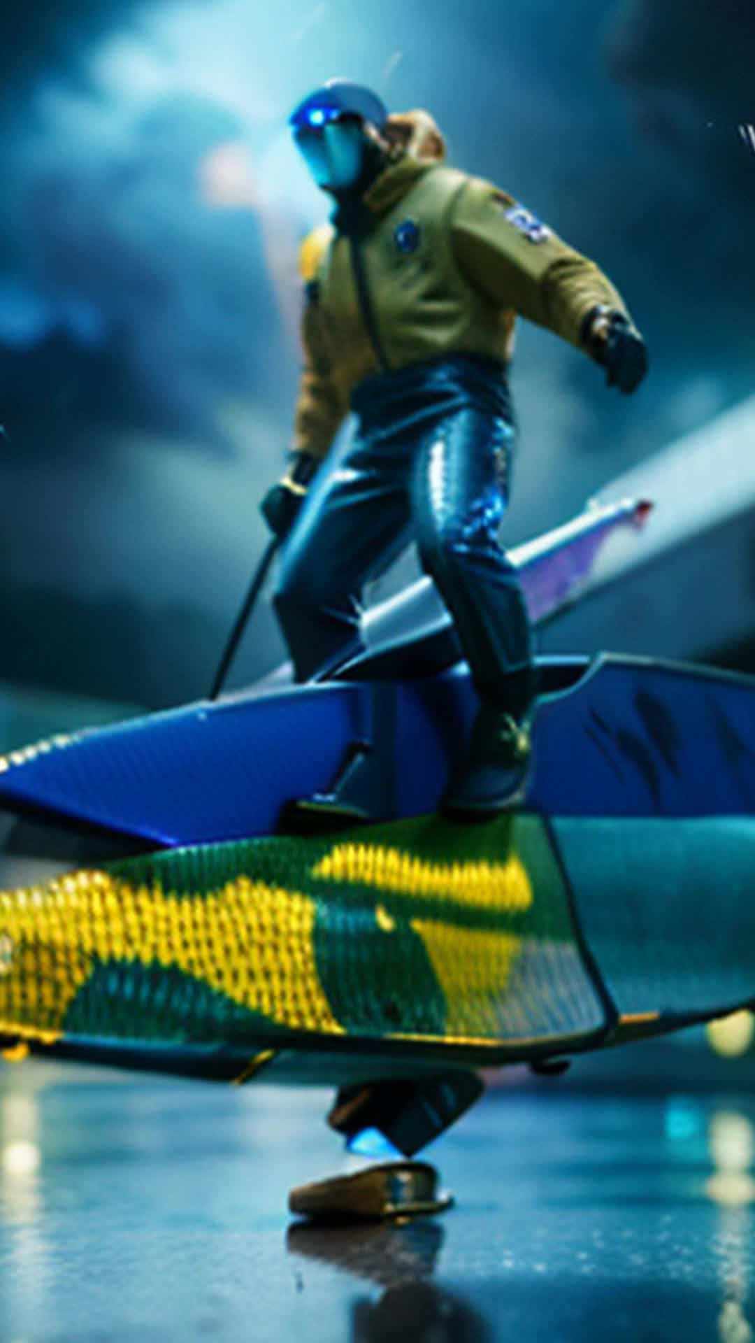 Milo masterfully balancing on holographic surfboard, continuous meteorite downpour from sky, high stakes evasion, earnings increase displayed on device, high-resolution, adrenaline-fueled scene, sharp focus on detailed holographic board and meteorites, dramatic contrast lighting