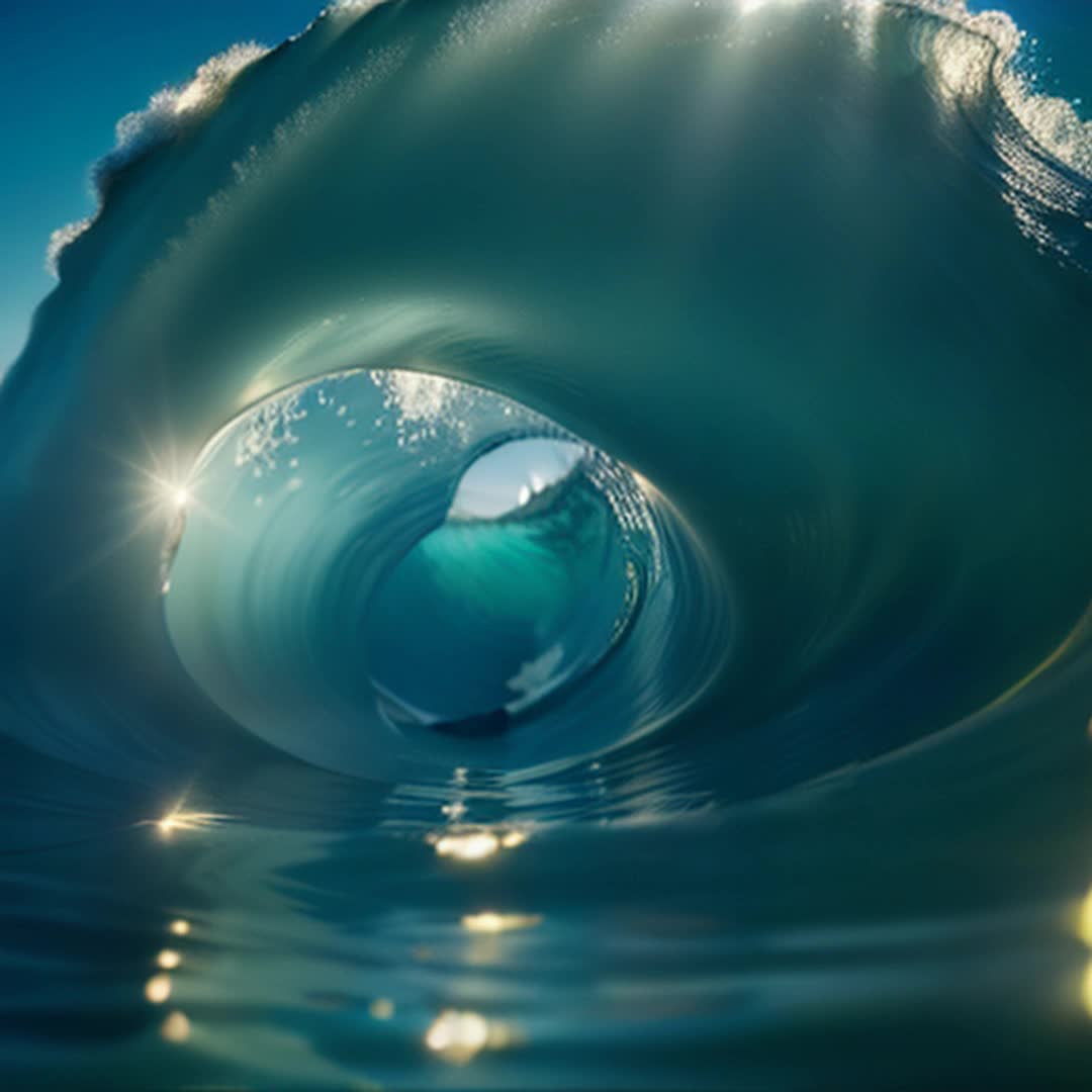 Lone surfer, shooting the curl, deep inside wave tube, churning water, droplets spraying, dynamic motion, exhilarating, powerful wave, sun rays piercing through water, dramatic lighting, highenergy scene, detailed and sharp focus, slowmotion, water droplets sparkling, vibrant colors, underwater perspective, seamless transitions, cinematic effect, 8k and 4k resolution, hyperrealistic 