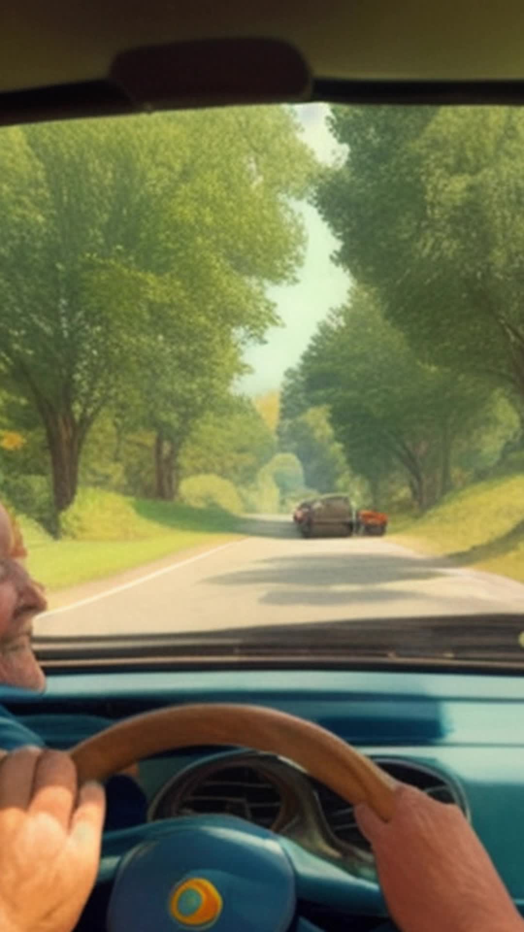 Driving scene, Tom and Linda at the front, kids interacting in back, lush countryside passing by, vibrant colors, sounds of laughter and talking, occasional glimpses of wildlife outside, window view, medium shot