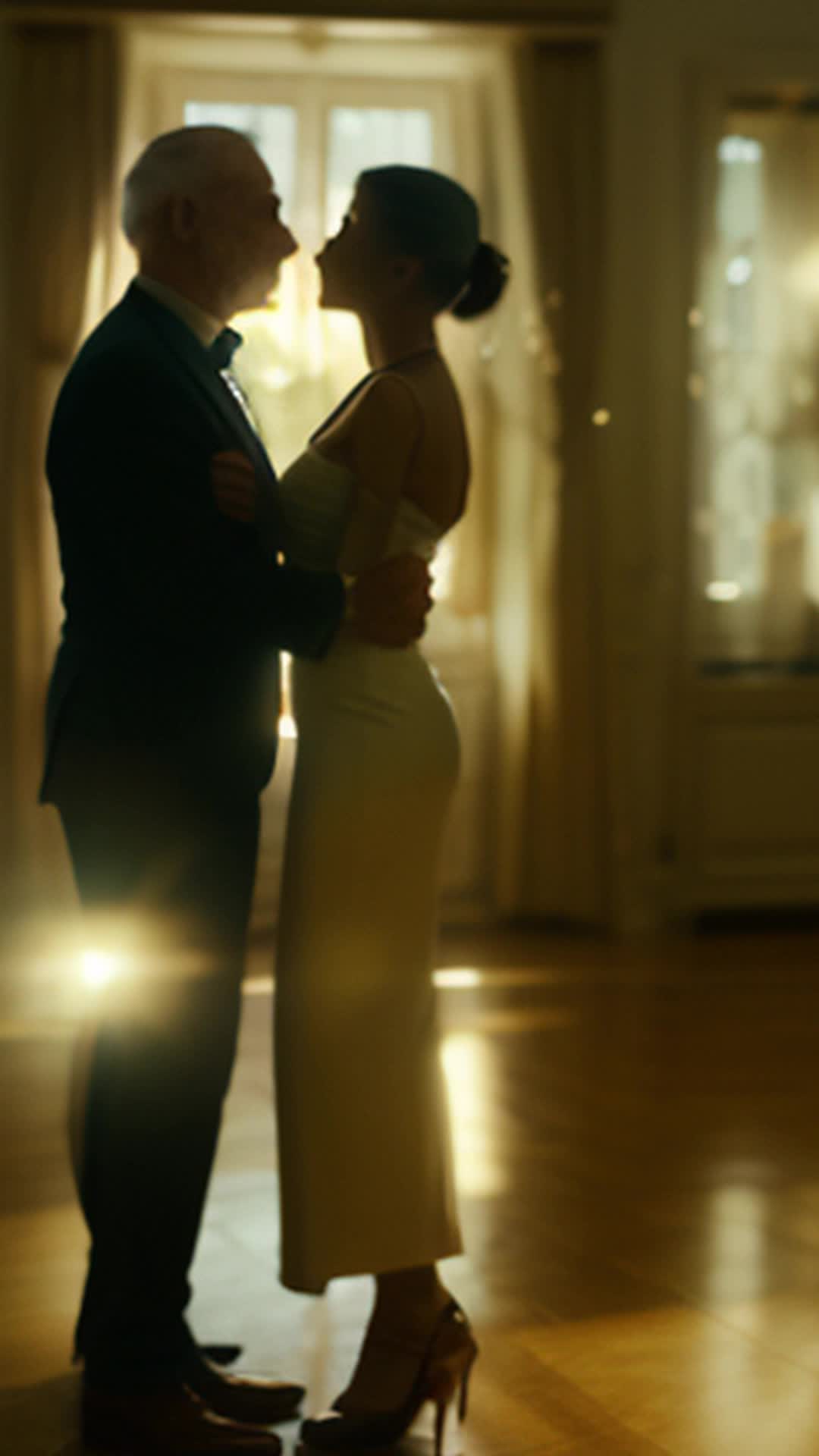 Couple dancing in spacious empty room, elegant and graceful, camera zooms out revealing they are inside a diamond, held by elderly man next to his wife, soft shadows, warm lighting, raw footage feel, as zoom continues couple realizes they are seeing themselves from the past within the diamond, nostalgic atmosphere, detailed and sharp, cinematic effect, smooth transitions, intimate and emotional, subtle ambient music