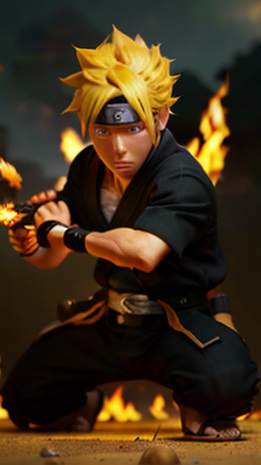 Naruto Uzumaki, fire jutsu, fierce flames, intense energy, dynamic action pose, ninja battlefield, fiery sparks flying, detailed and sharp focus, dramatic lighting, soft shadows, cinematic, wideangle, rendered by octane