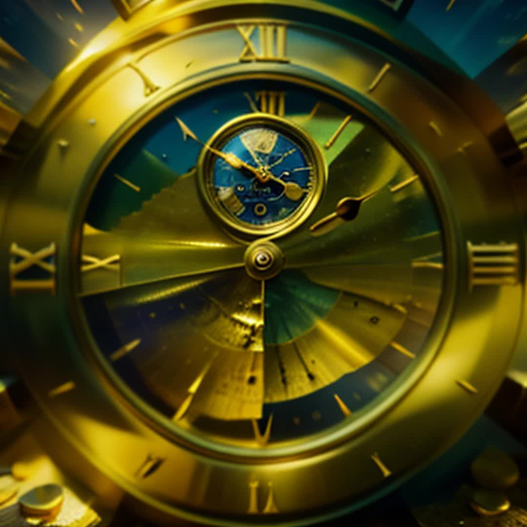 Old clock face, golden clock hands moving rapidly, face of clock melting like lava, vibrant colors, flowing and morphing background, surreal and dreamlike, high definition and detailed, soft shadows, closeup shot, rendered by octane
