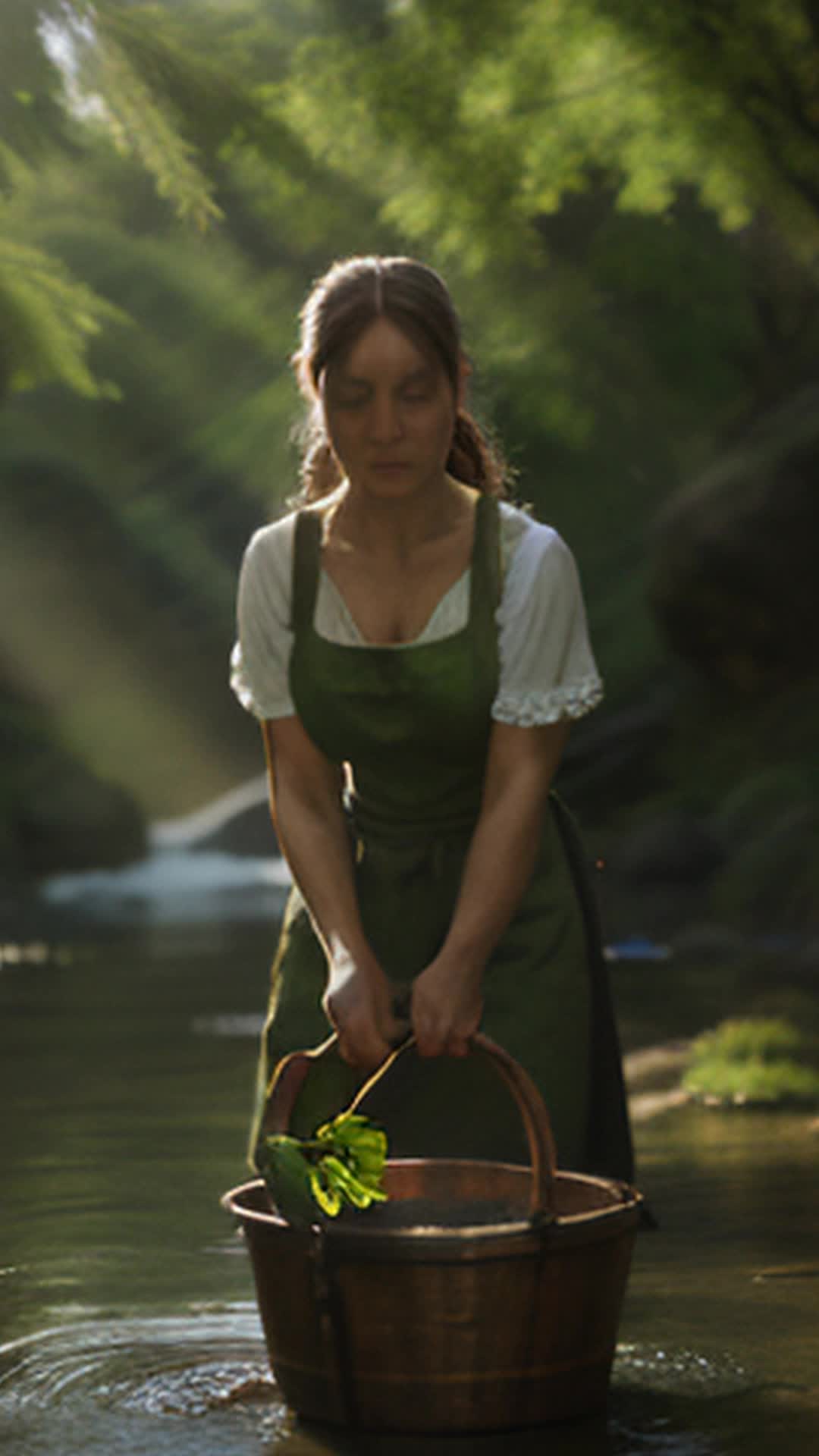 maiden fetching water from creek, 1600s attire, worn apron, rustic countryside, clear flowing creek, wooden bucket, lush green surroundings, mosscovered rocks, tall old trees, soft shadows, detailed and sharp focus, sun beams breaking through canopy, peaceful and historical ambiance, slow graceful movements, low angle shot, soft warm lighting, natural tones, serene environment, rendered by octane